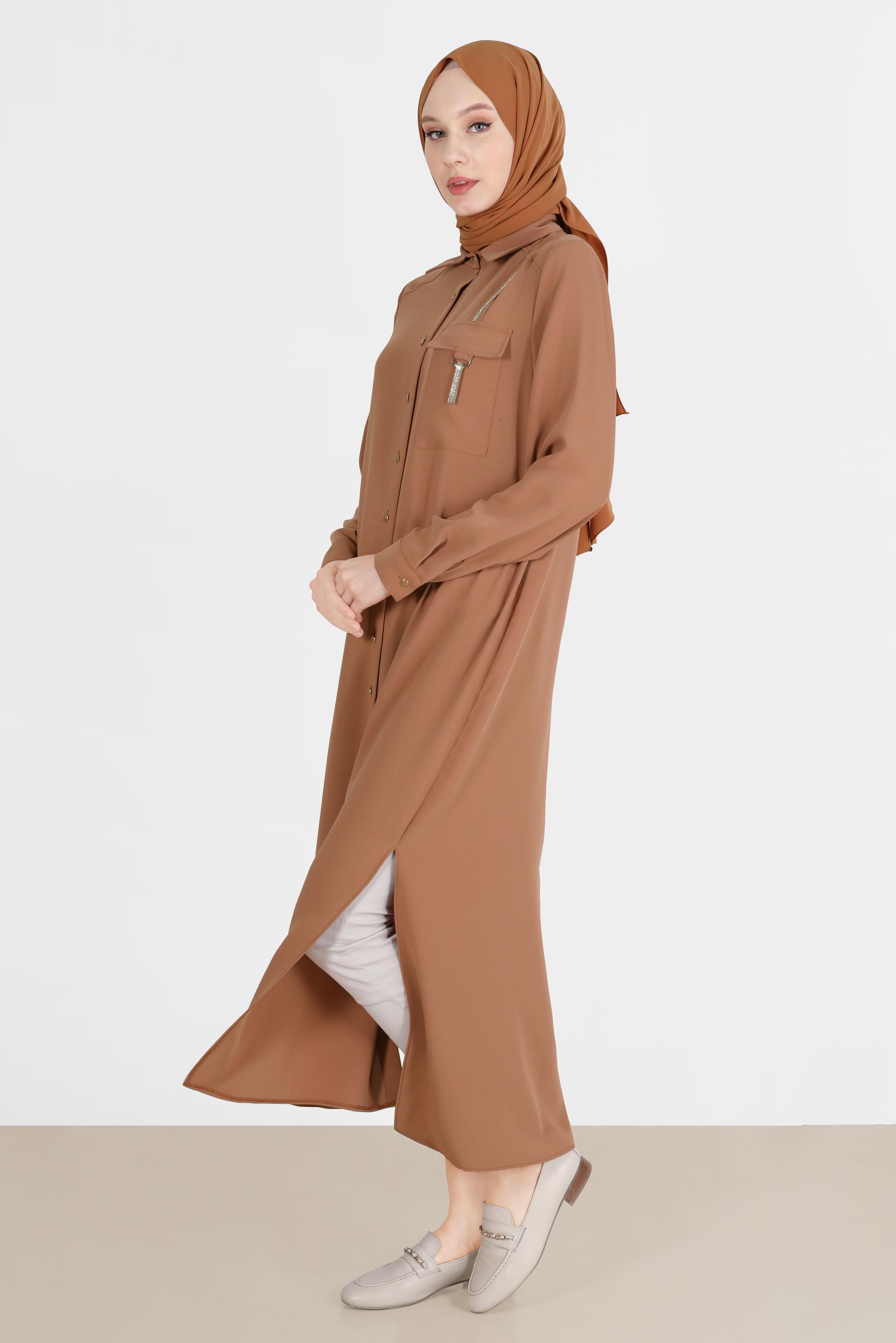 Tesettür giyim TURUNCU PARLAK ŞERİT DETAYLI DÜĞMELİ TUNİK 42576 