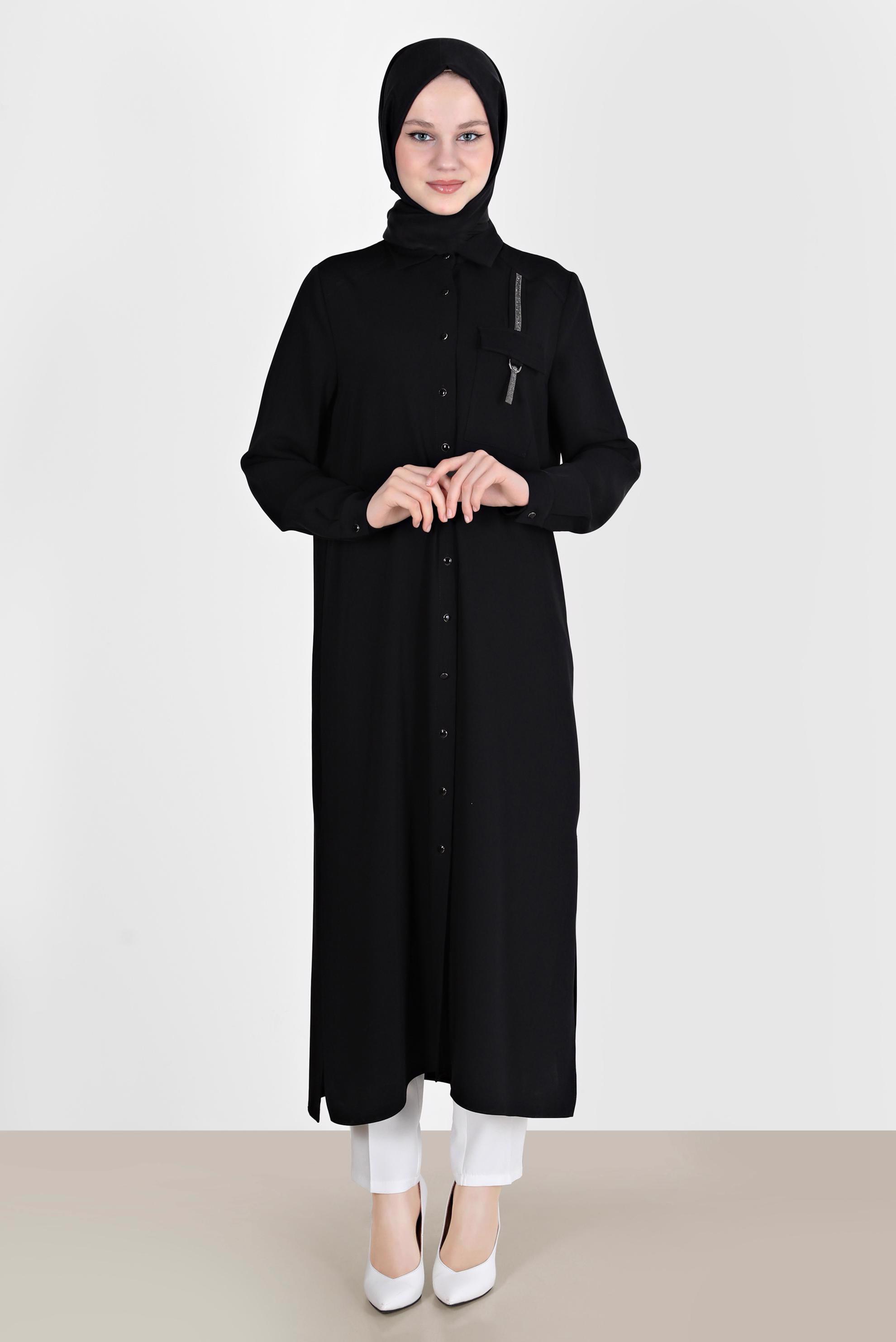 Tesettür giyim SİYAH TAŞ DETAYLI CEPLİ TUNİK 42576-1 