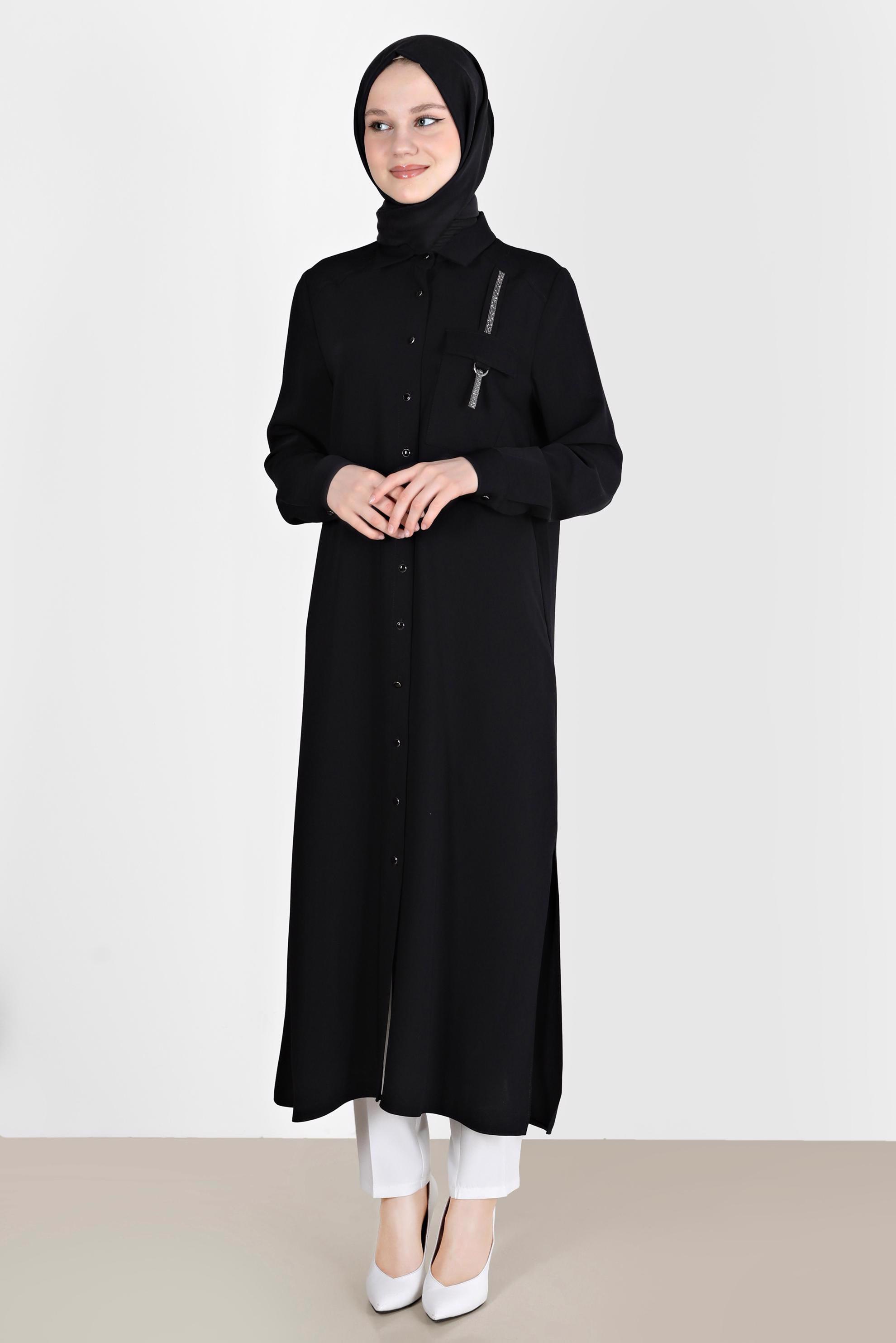 Tesettür giyim SİYAH TAŞ DETAYLI CEPLİ TUNİK 42576-1 