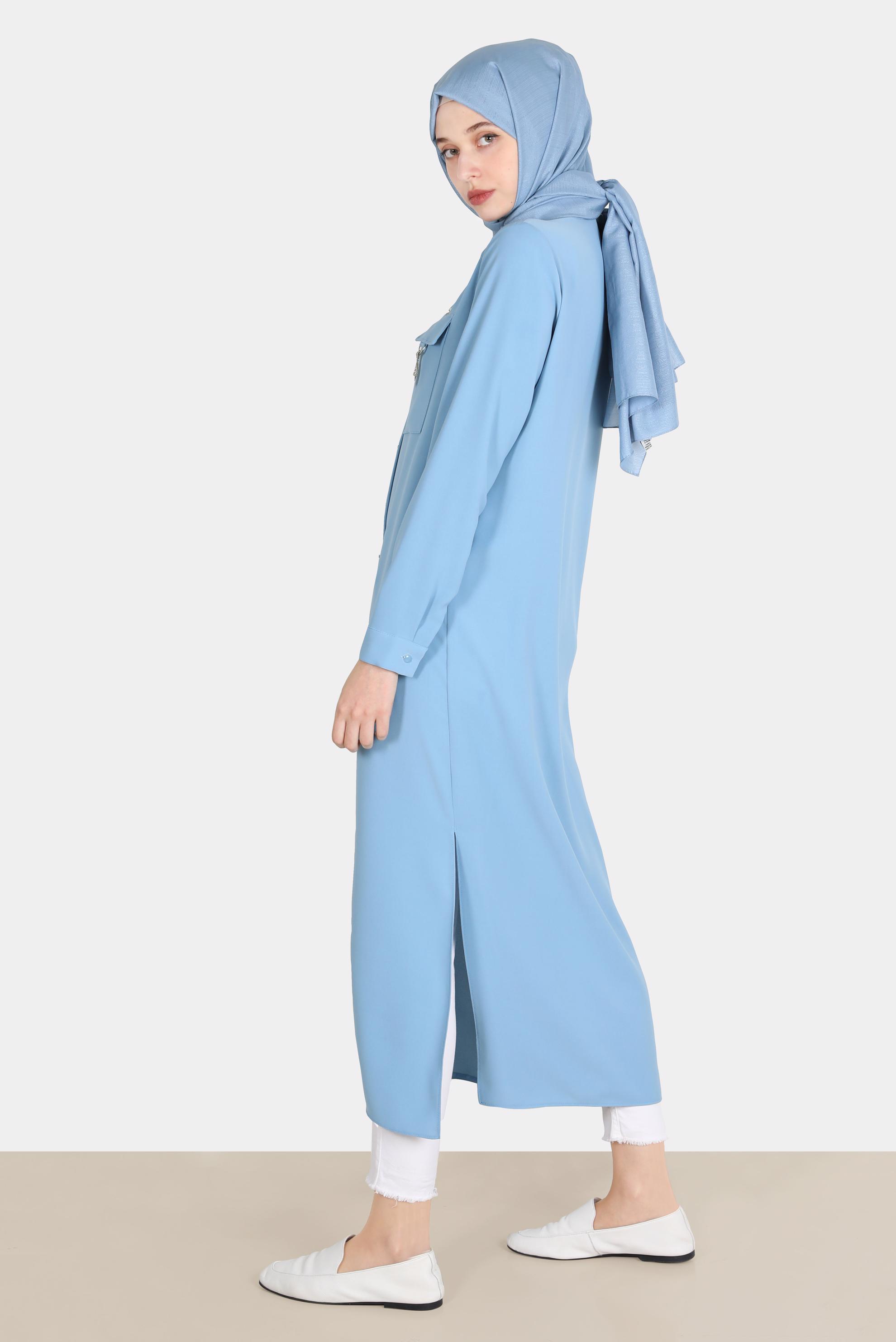 Tesettür giyim MAVİ TAŞ DETAYLI CEPLİ TUNİK 42576-1 