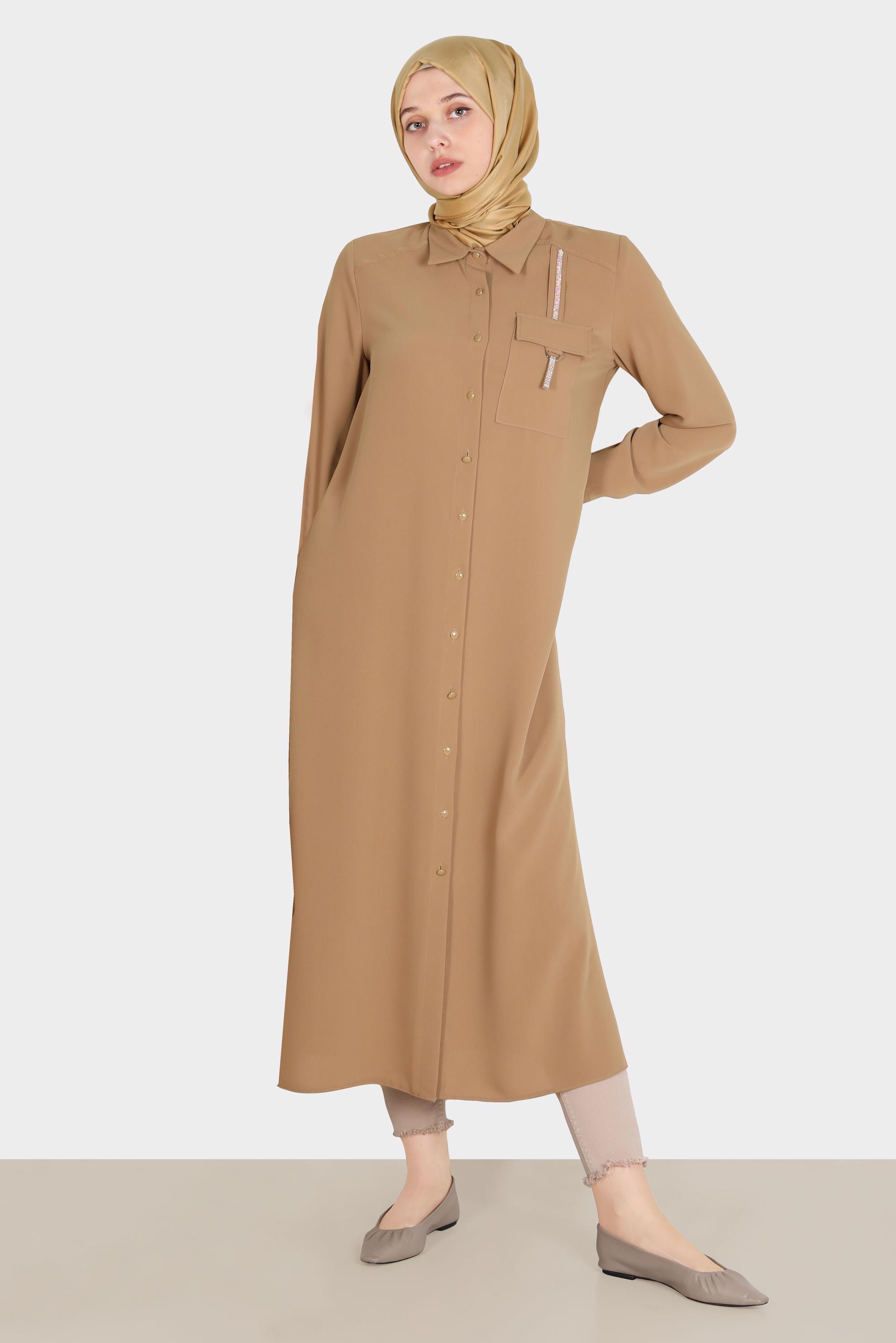 Tesettür giyim SARI TAŞ DETAYLI CEPLİ TUNİK 42576-1 