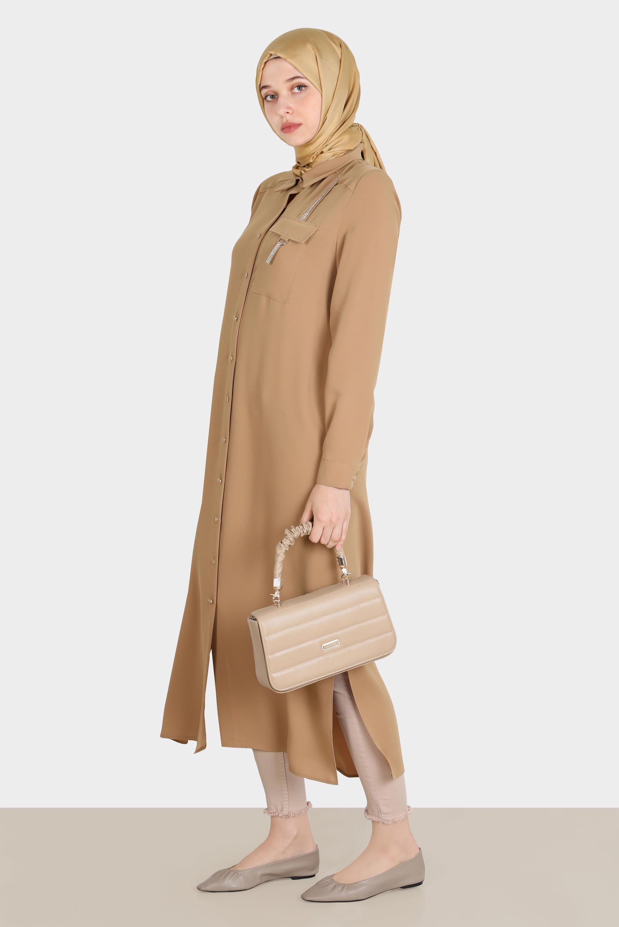 Tesettür giyim SARI TAŞ DETAYLI CEPLİ TUNİK 42576-1 