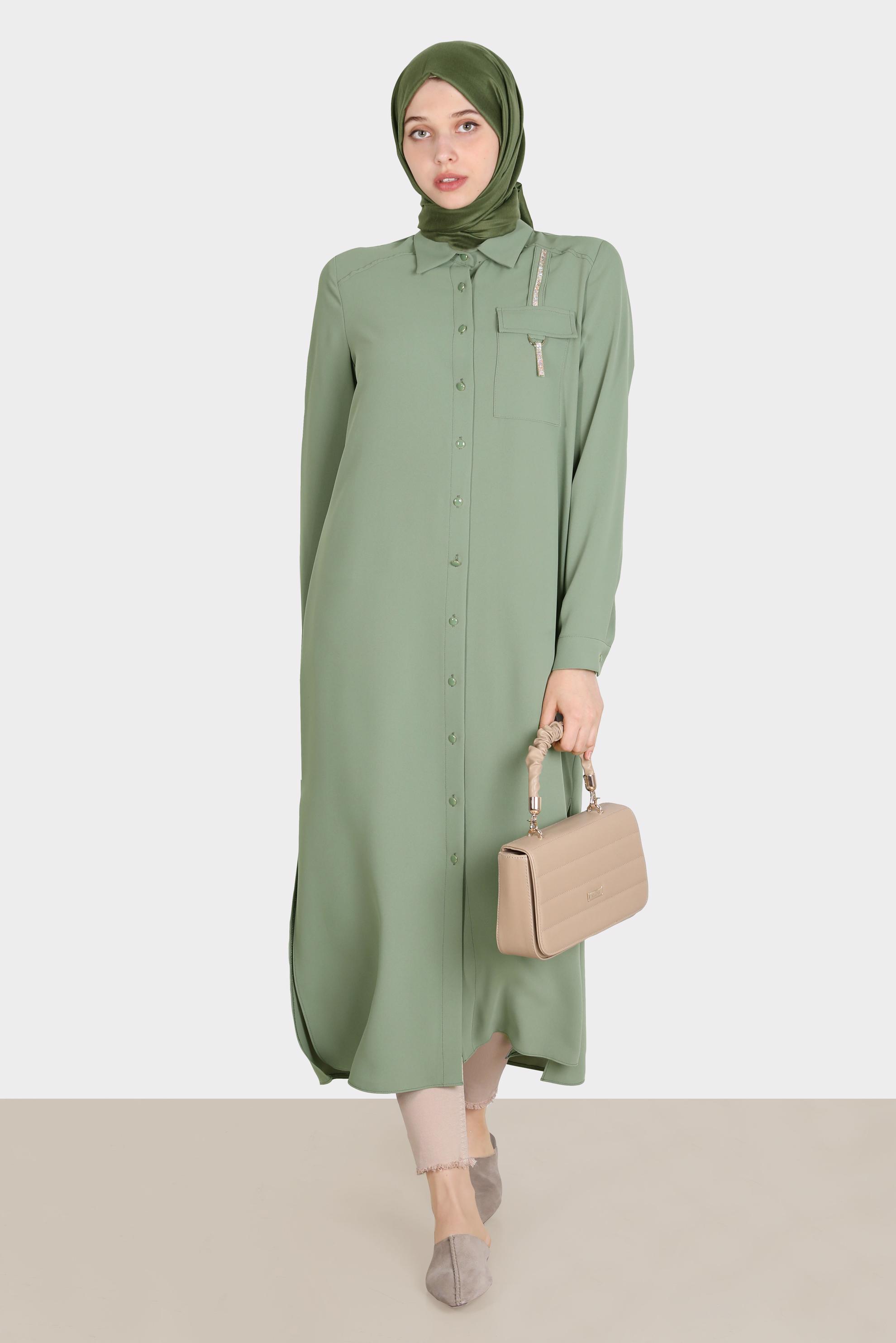 Tesettür giyim HAKİ TAŞ DETAYLI CEPLİ TUNİK 42576-1 