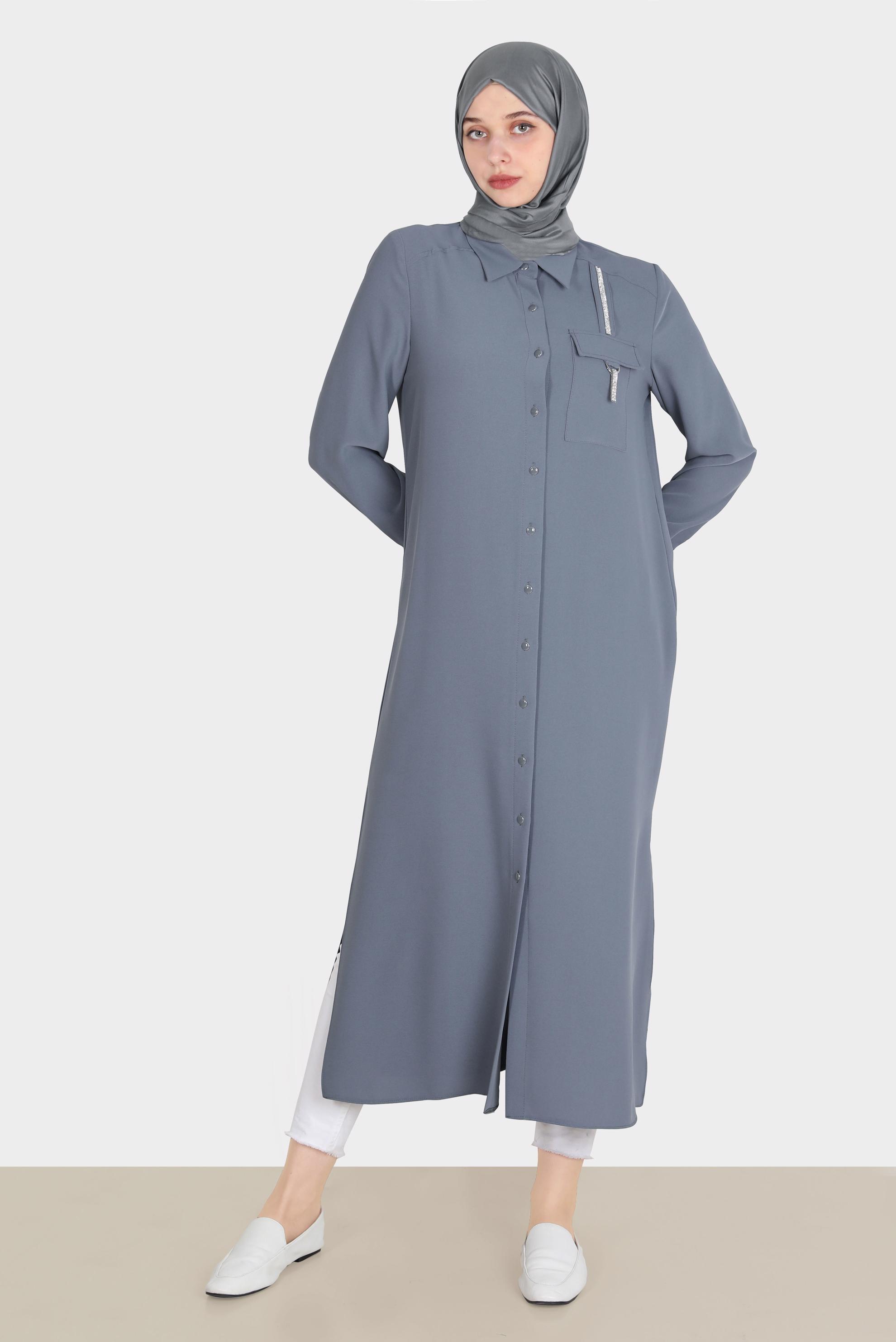 Tesettür giyim GRİ TAŞ DETAYLI CEPLİ TUNİK 42576-1 