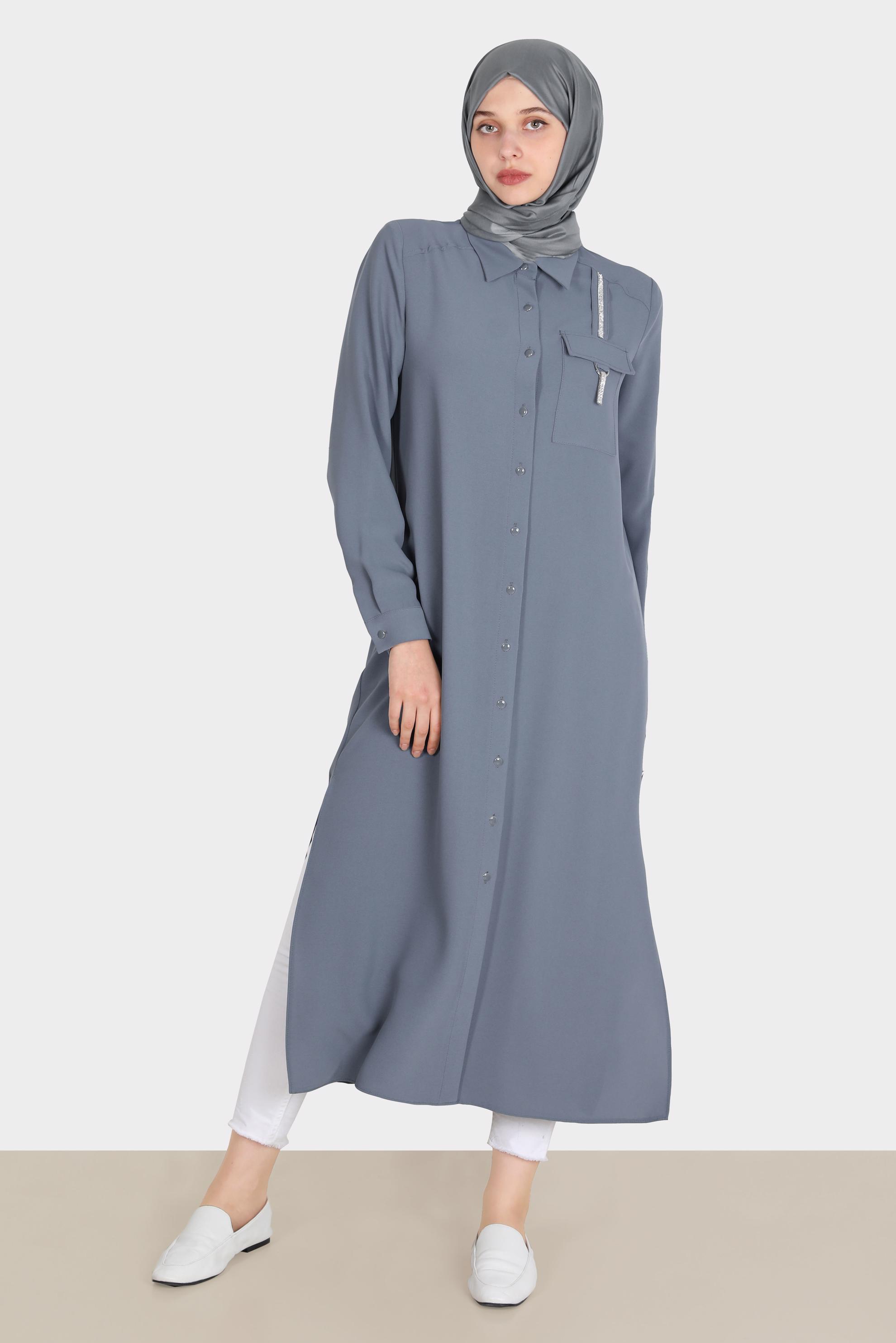 Tesettür giyim GRİ TAŞ DETAYLI CEPLİ TUNİK 42576-1 