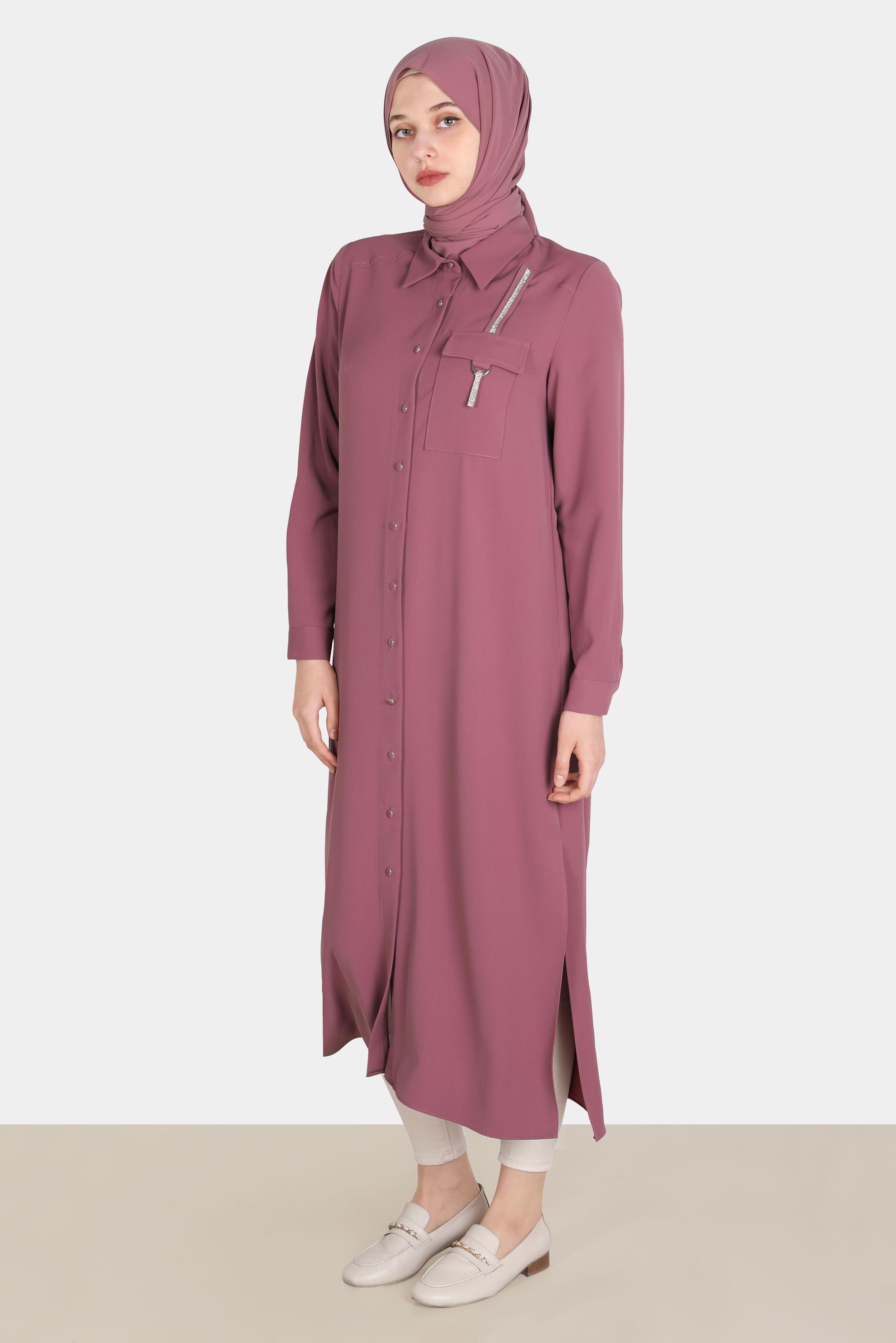 Tesettür giyim PEMBE TAŞ DETAYLI CEPLİ TUNİK 42576-1 