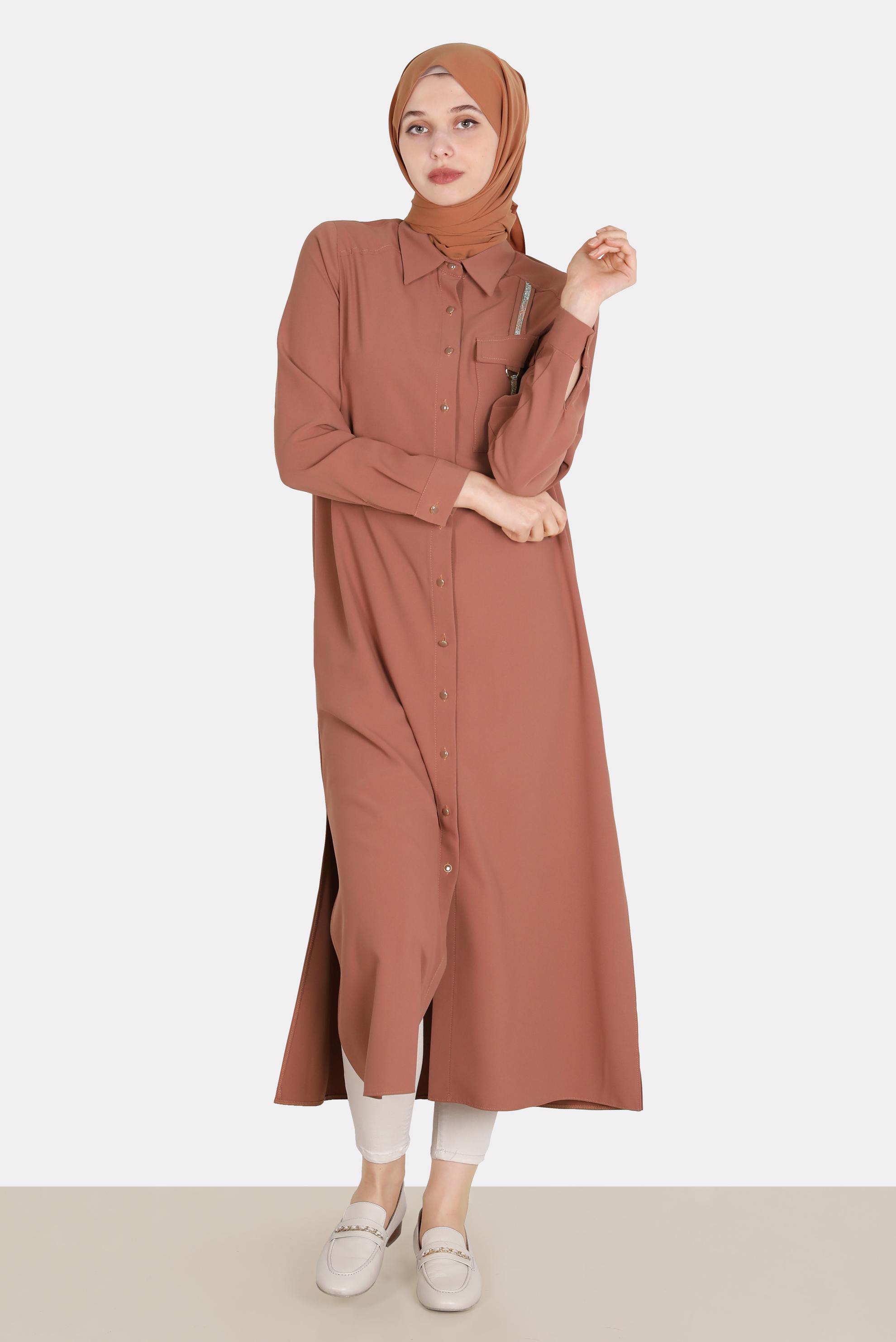 Tesettür giyim KAHVE TAŞ DETAYLI CEPLİ TUNİK 42576-1 