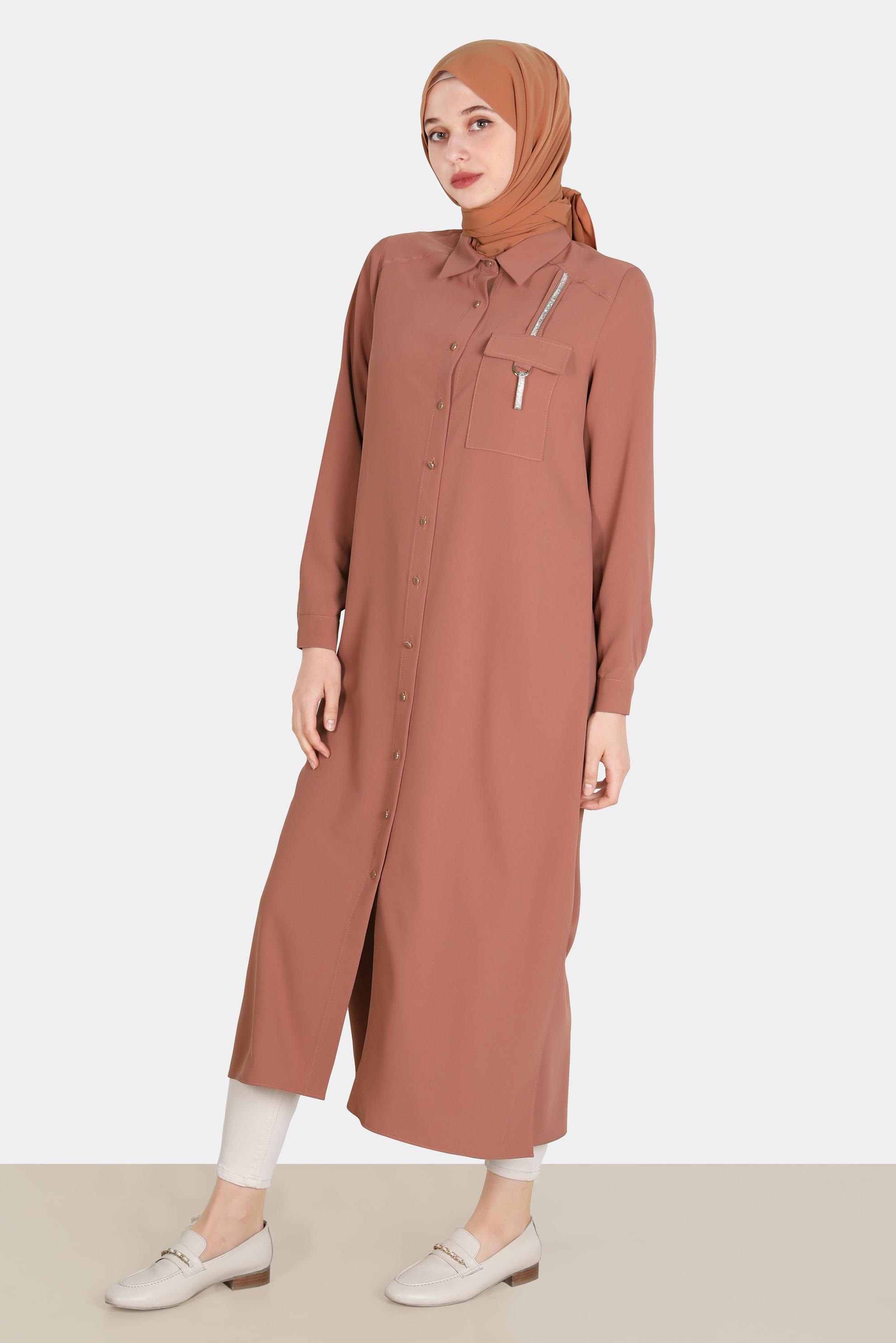 Tesettür giyim KAHVE TAŞ DETAYLI CEPLİ TUNİK 42576-1 