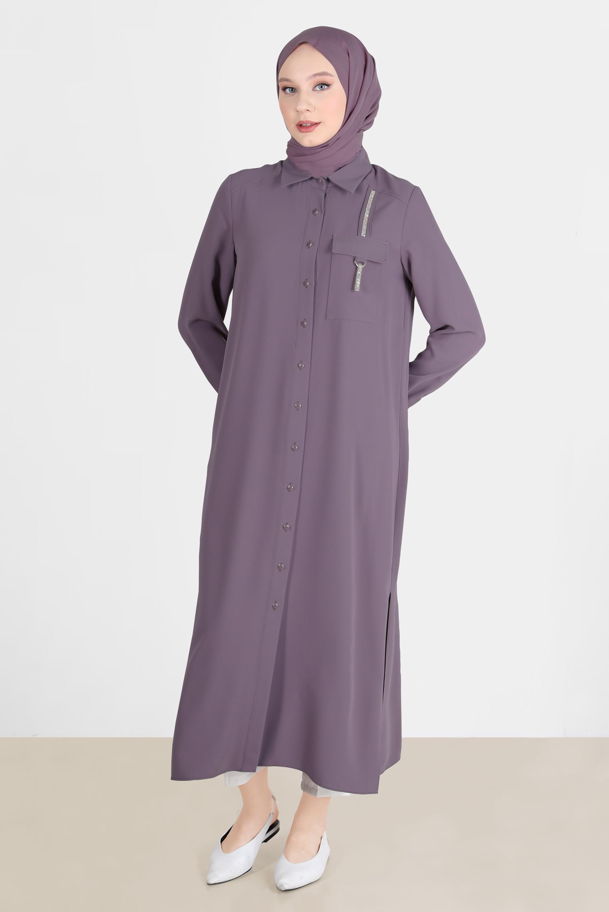 Tesettür giyim MOR PARLAK ŞERİT DETAYLI DÜĞMELİ TUNİK 42576 