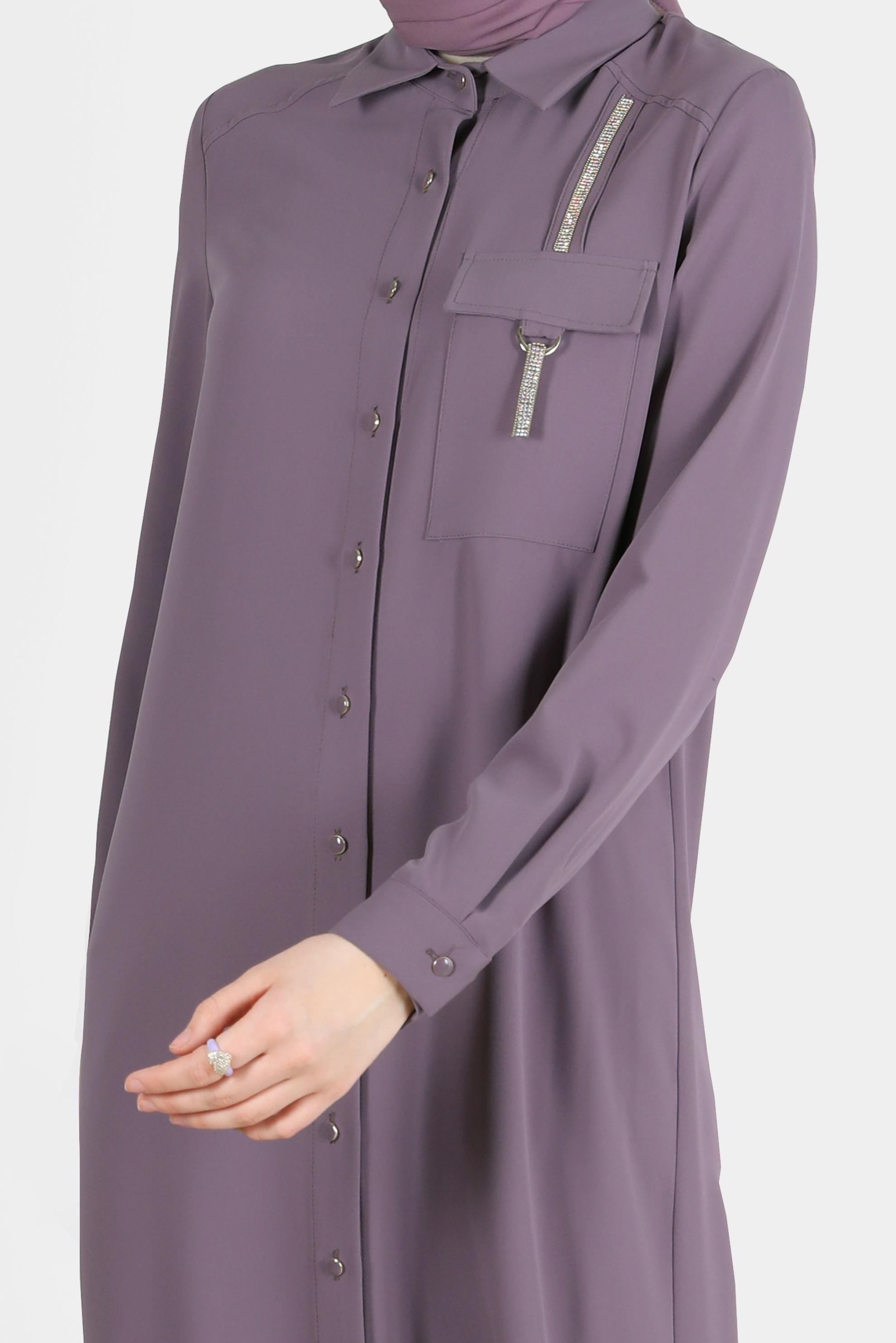 Tesettür giyim MOR PARLAK ŞERİT DETAYLI DÜĞMELİ TUNİK 42576 