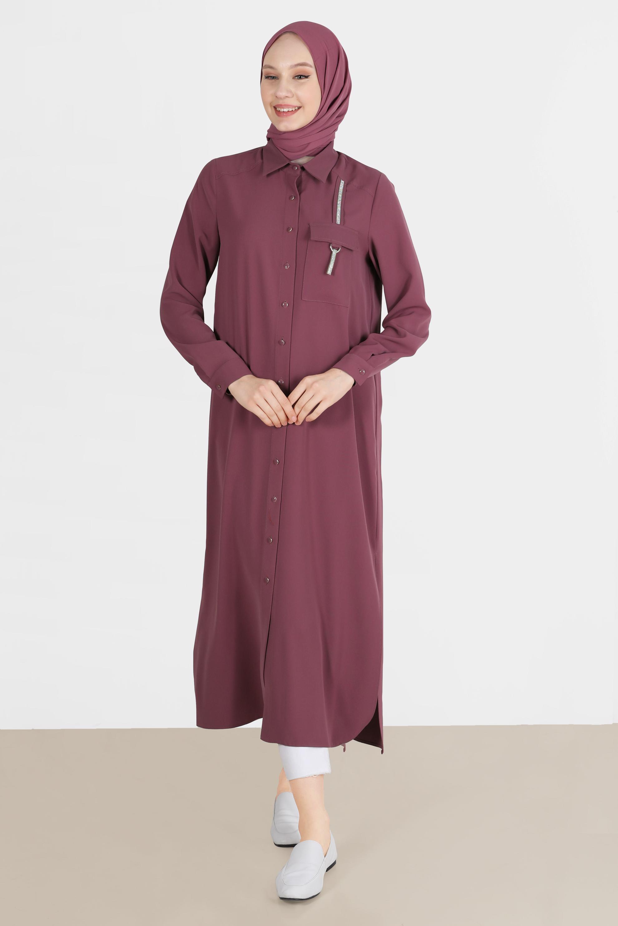 Tesettür giyim PEMBE PARLAK ŞERİT DETAYLI DÜĞMELİ TUNİK 42576 