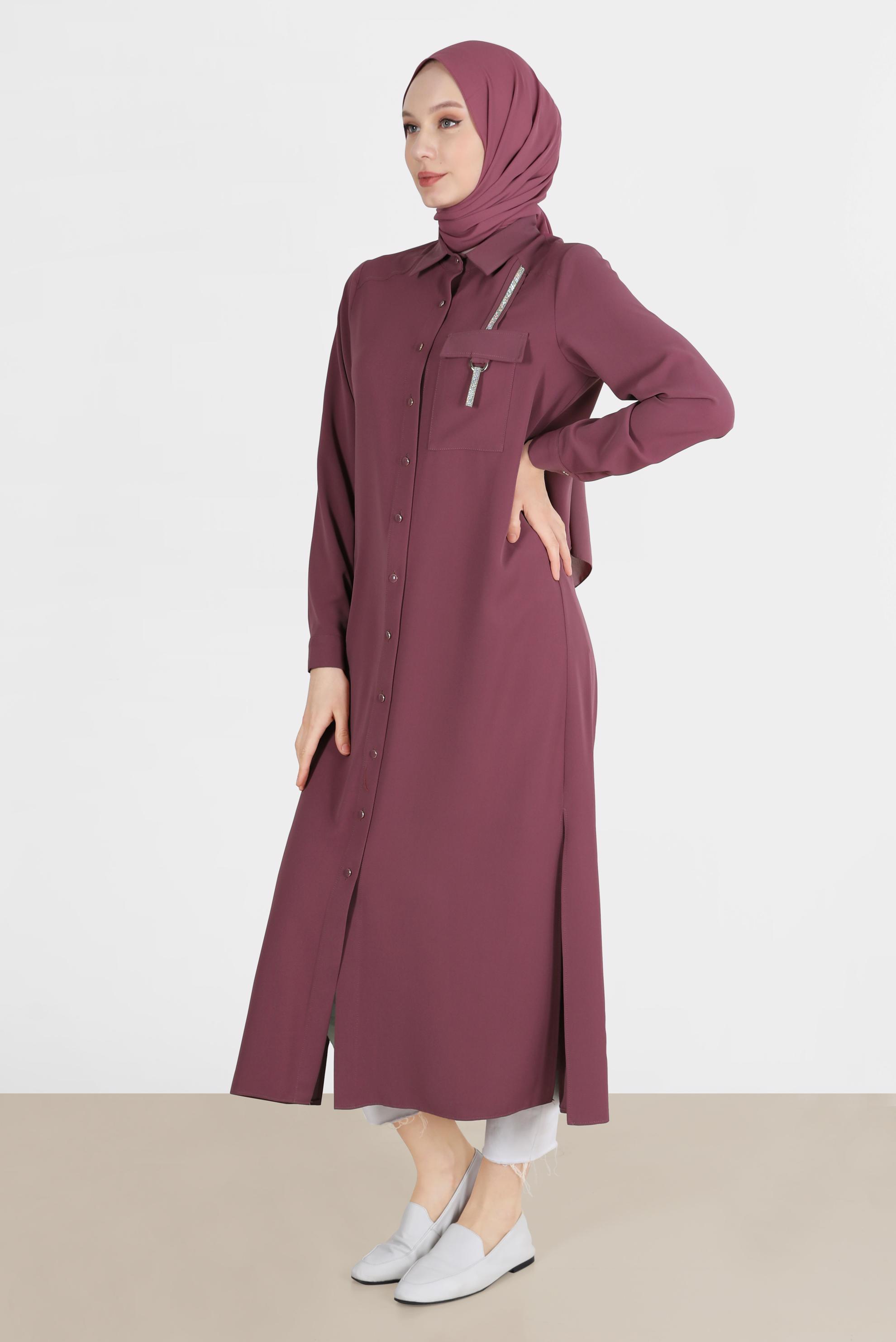 Tesettür giyim PEMBE PARLAK ŞERİT DETAYLI DÜĞMELİ TUNİK 42576 