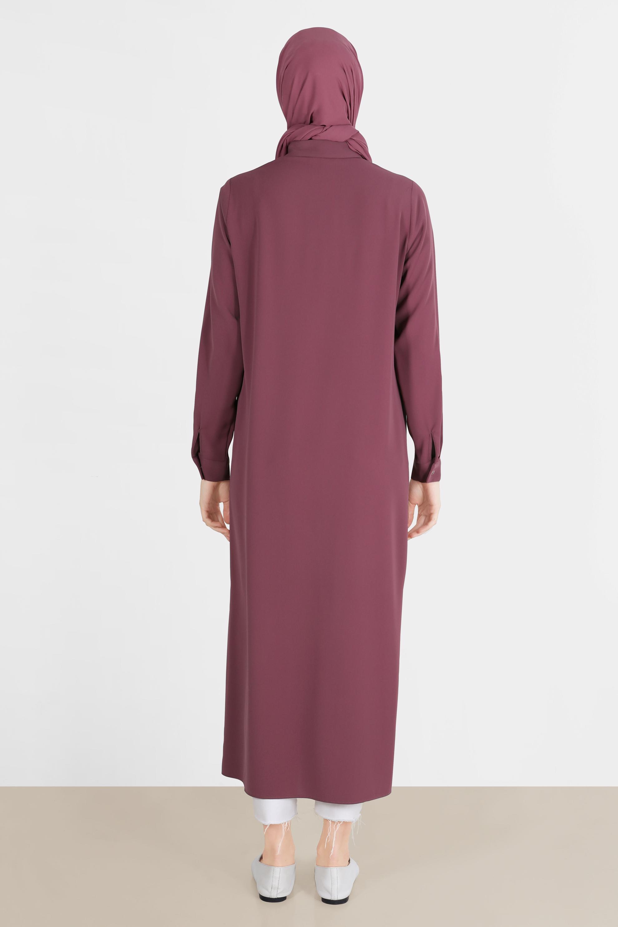 Tesettür giyim PEMBE PARLAK ŞERİT DETAYLI DÜĞMELİ TUNİK 42576 