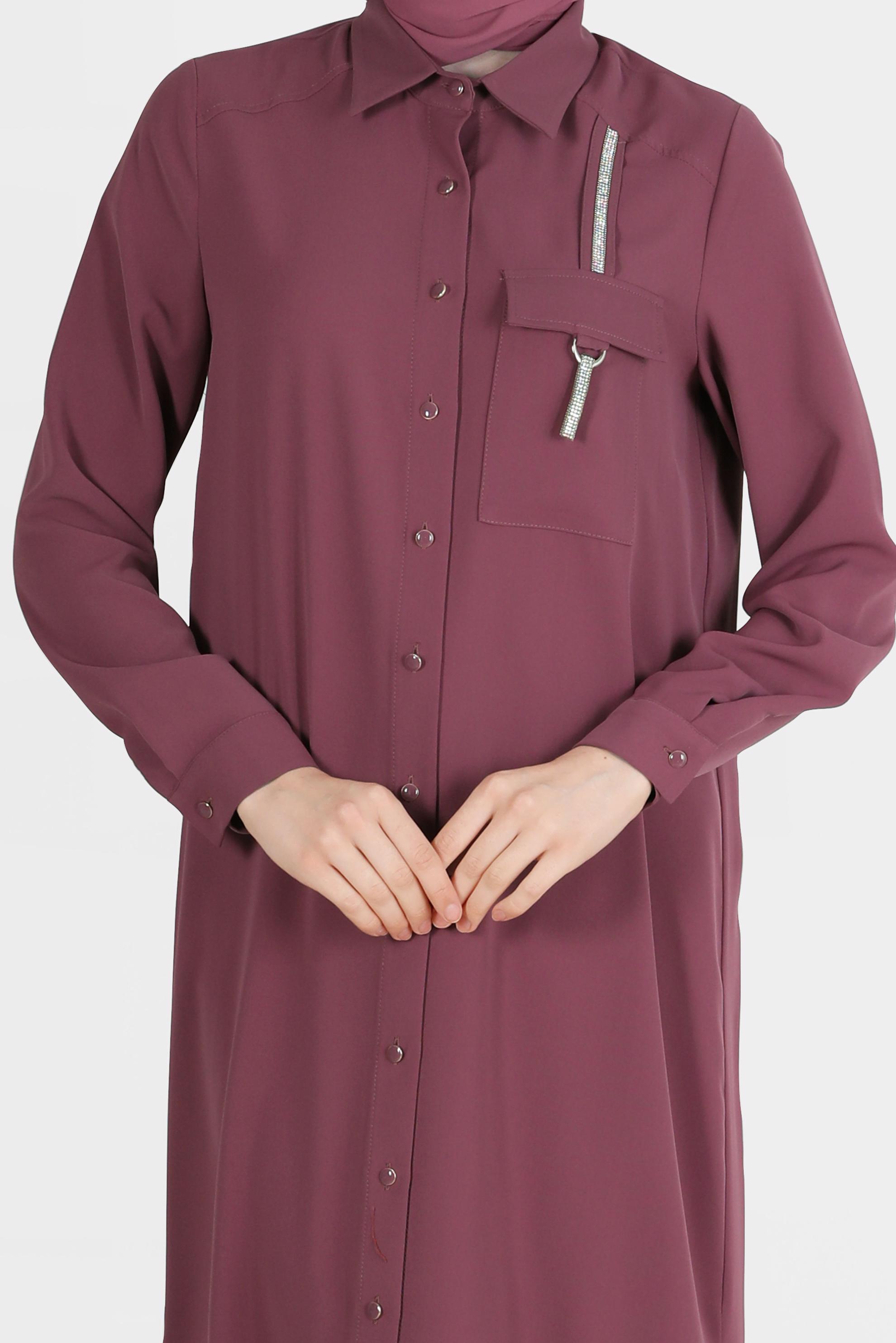 Tesettür giyim PEMBE PARLAK ŞERİT DETAYLI DÜĞMELİ TUNİK 42576 