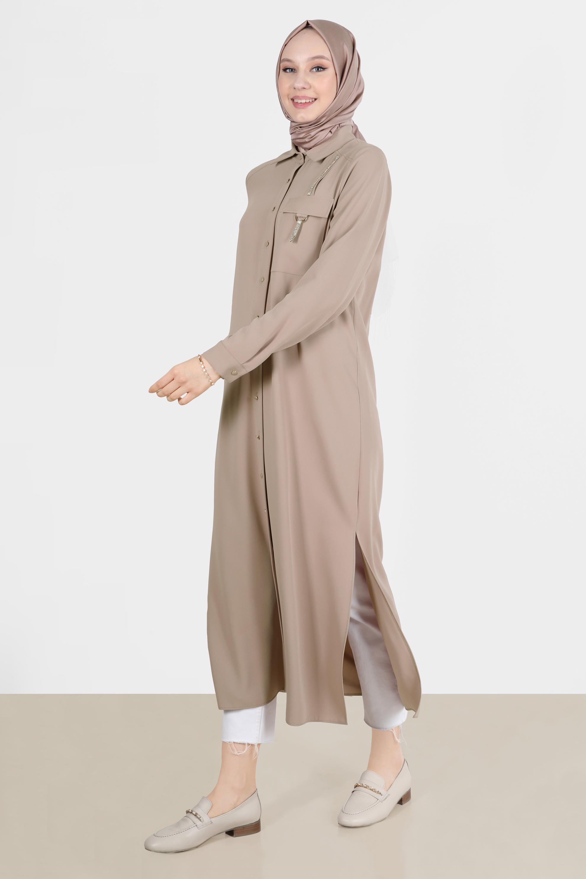 Tesettür giyim KAHVE PARLAK ŞERİT DETAYLI DÜĞMELİ TUNİK 42576 