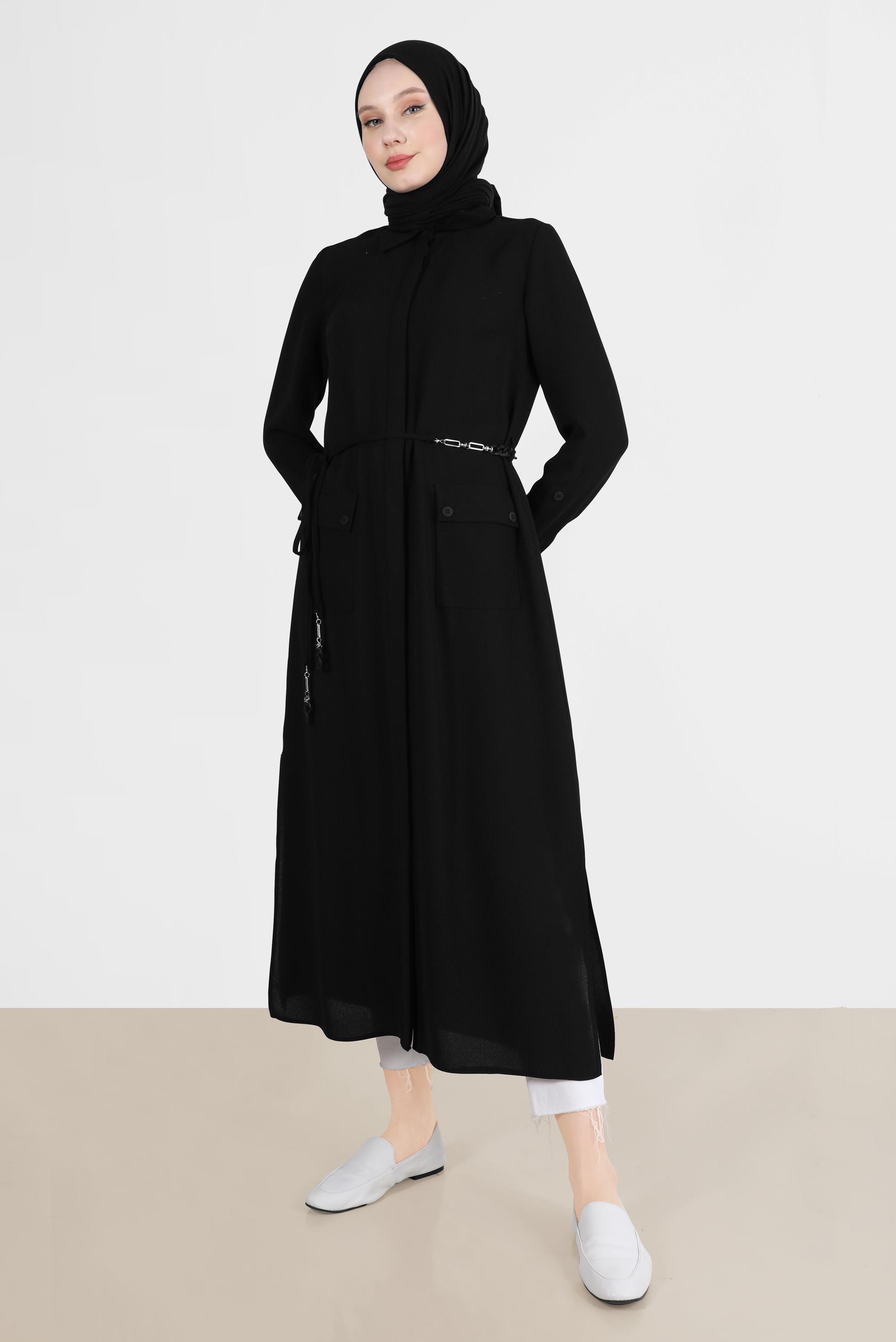 Tesettür giyim SİYAH YANI YIRTMAÇLI CEPLİ TUNİK 42577