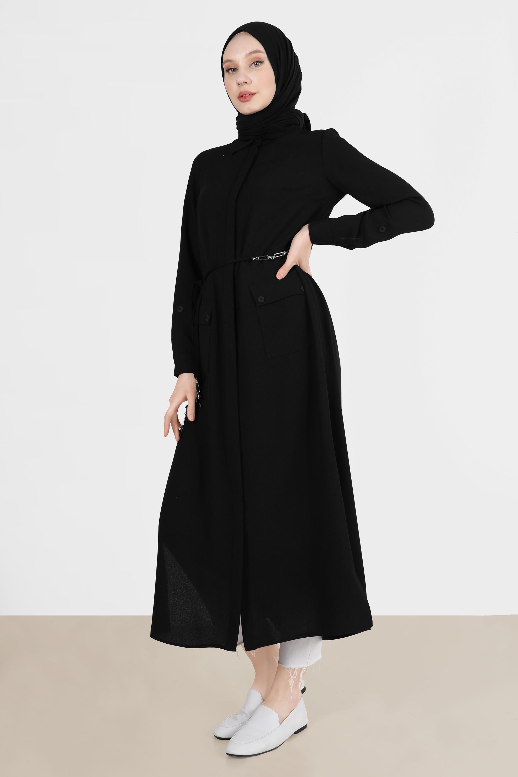 Tesettür giyim SİYAH YANI YIRTMAÇLI CEPLİ TUNİK 42577