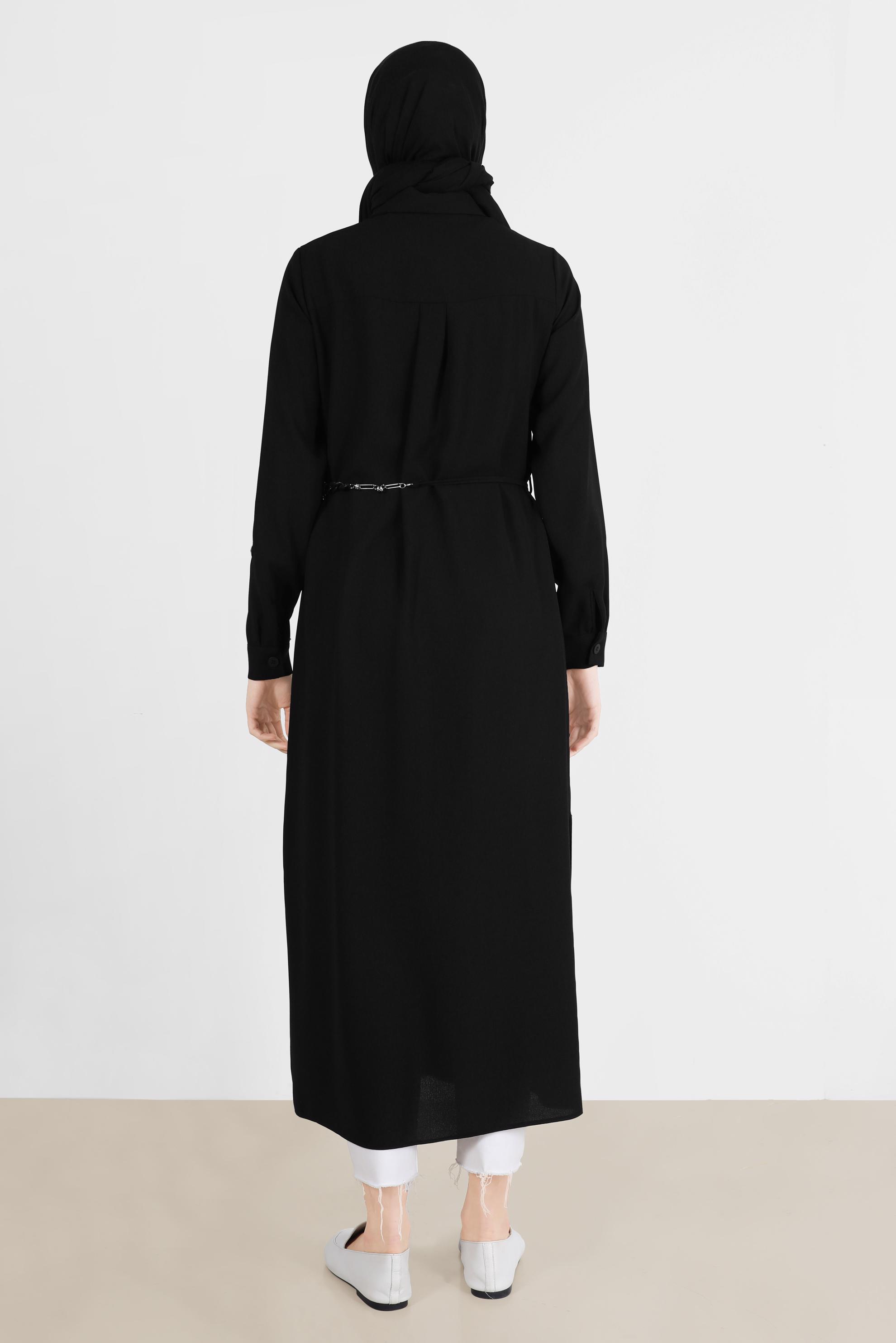 Tesettür giyim SİYAH YANI YIRTMAÇLI CEPLİ TUNİK 42577