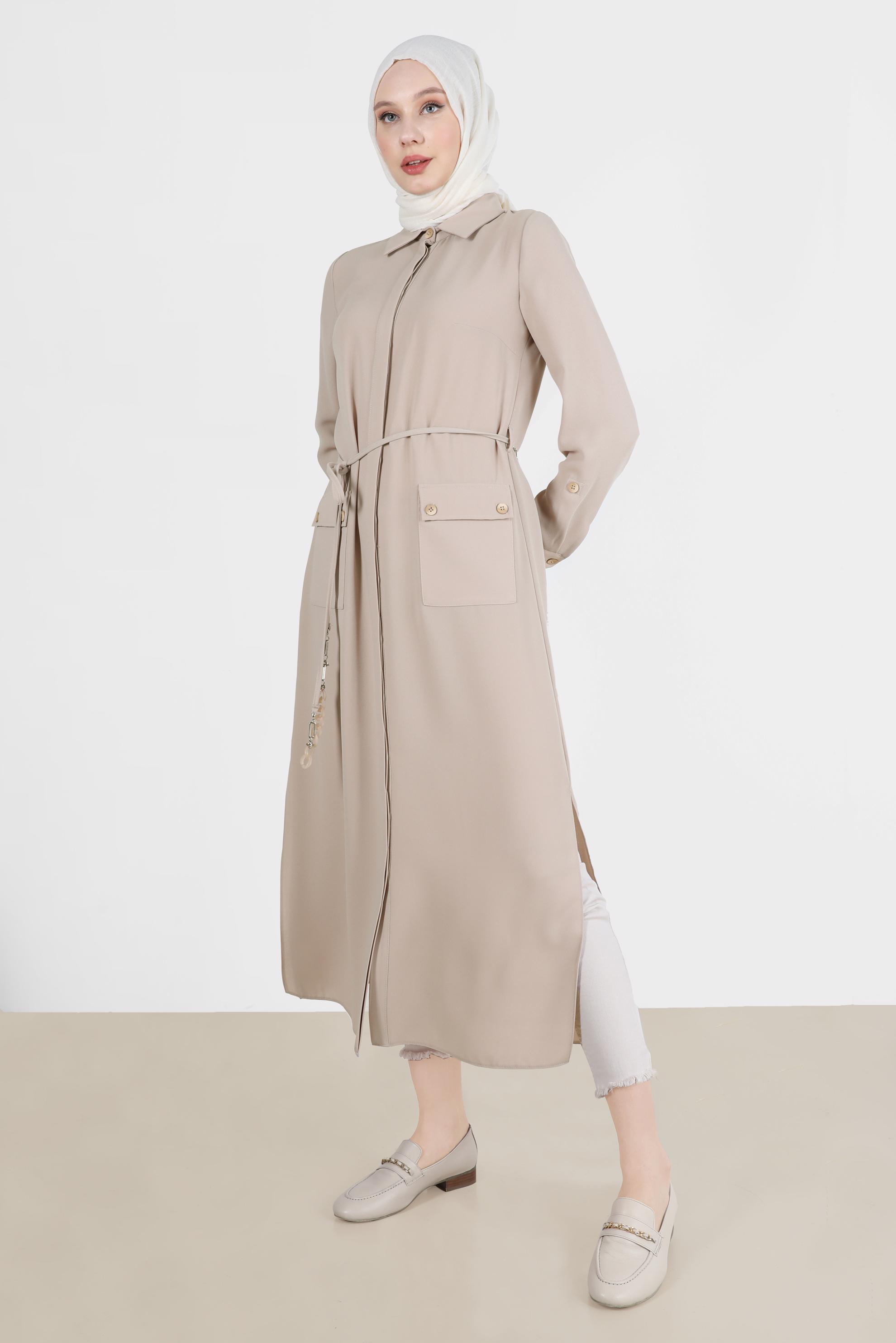 Tesettür giyim BEJ YANI YIRTMAÇLI CEPLİ TUNİK 42577