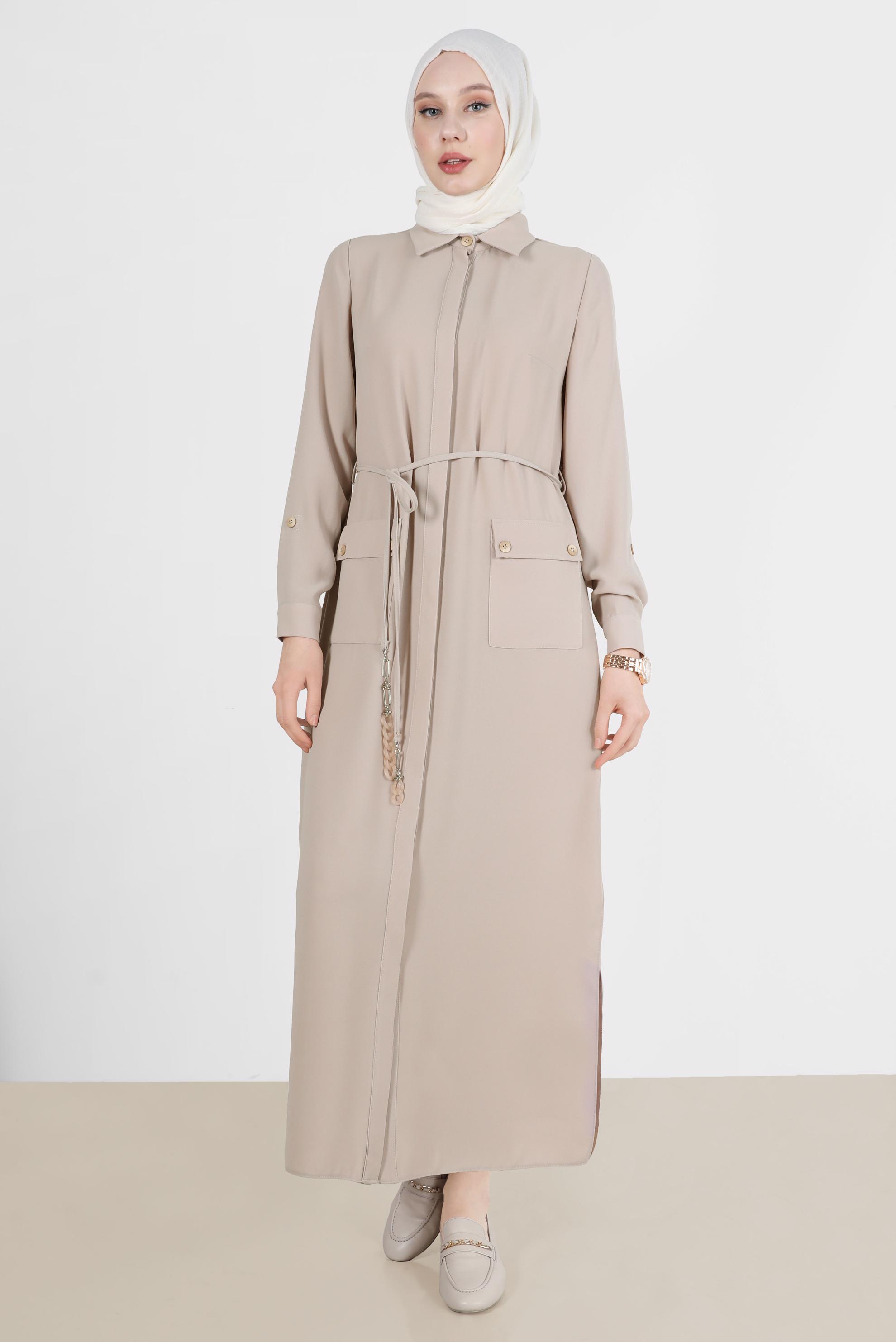 Tesettür giyim BEJ YANI YIRTMAÇLI CEPLİ TUNİK 42577