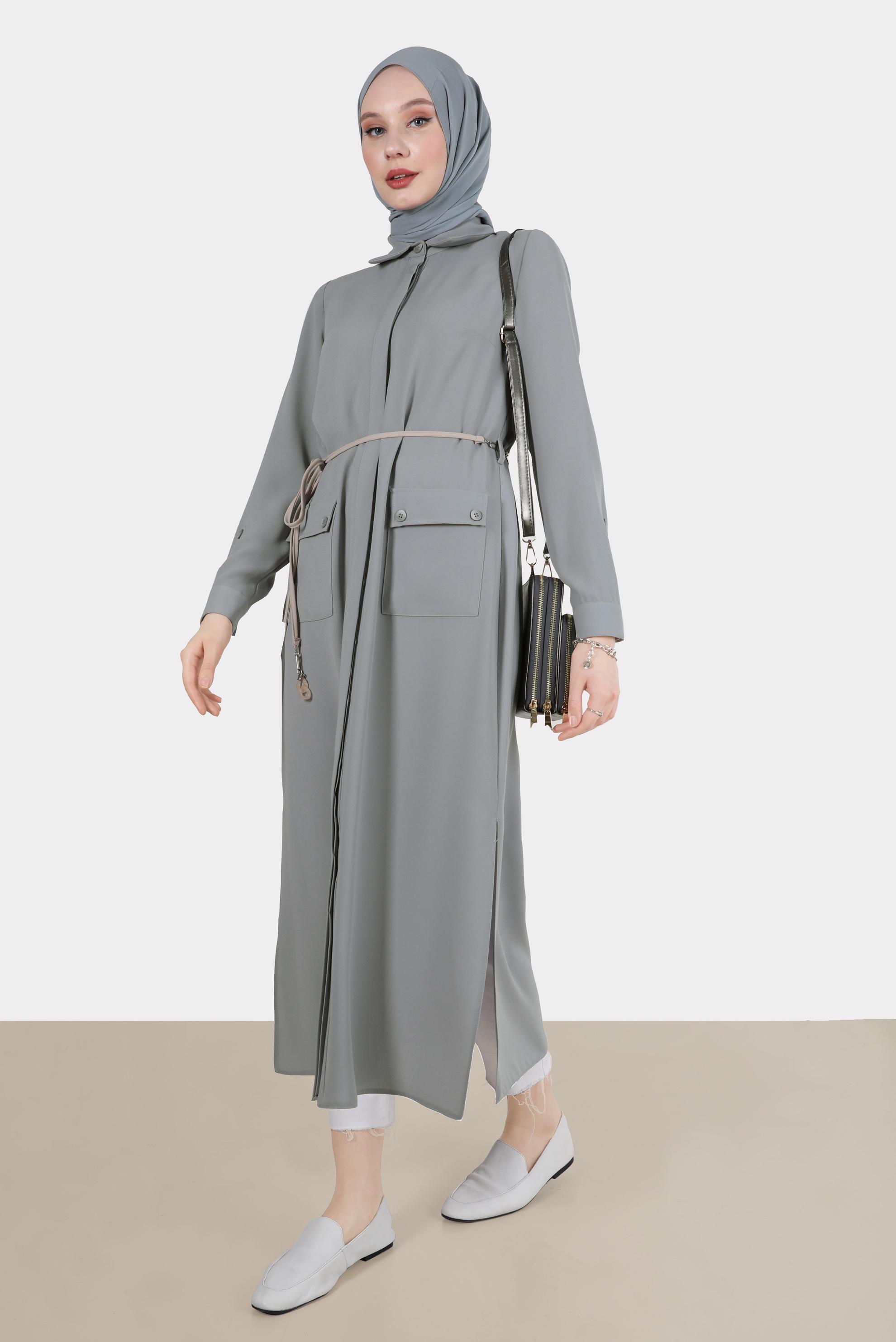 Tesettür giyim GRİ YANI YIRTMAÇLI CEPLİ TUNİK 42577