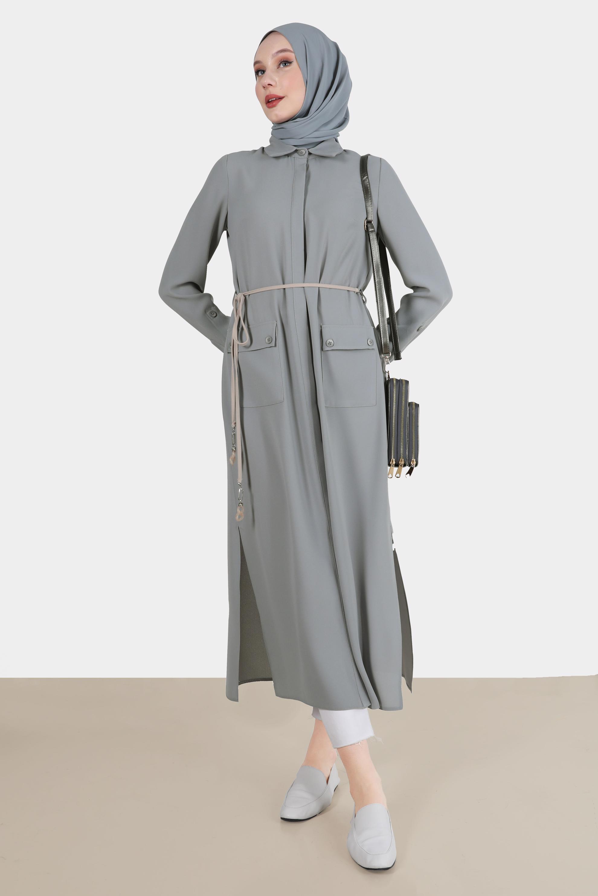 Tesettür giyim GRİ YANI YIRTMAÇLI CEPLİ TUNİK 42577