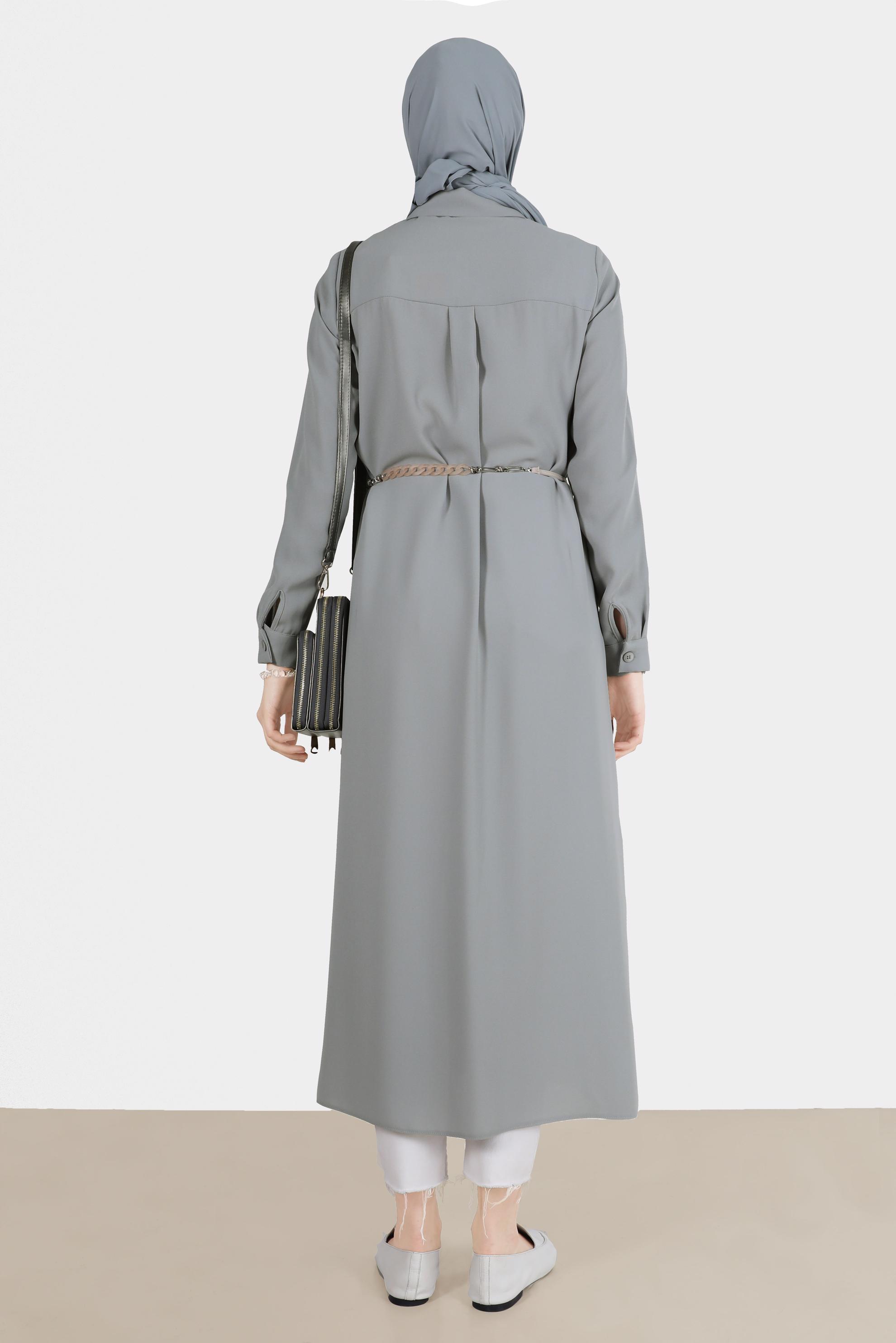 Tesettür giyim GRİ YANI YIRTMAÇLI CEPLİ TUNİK 42577