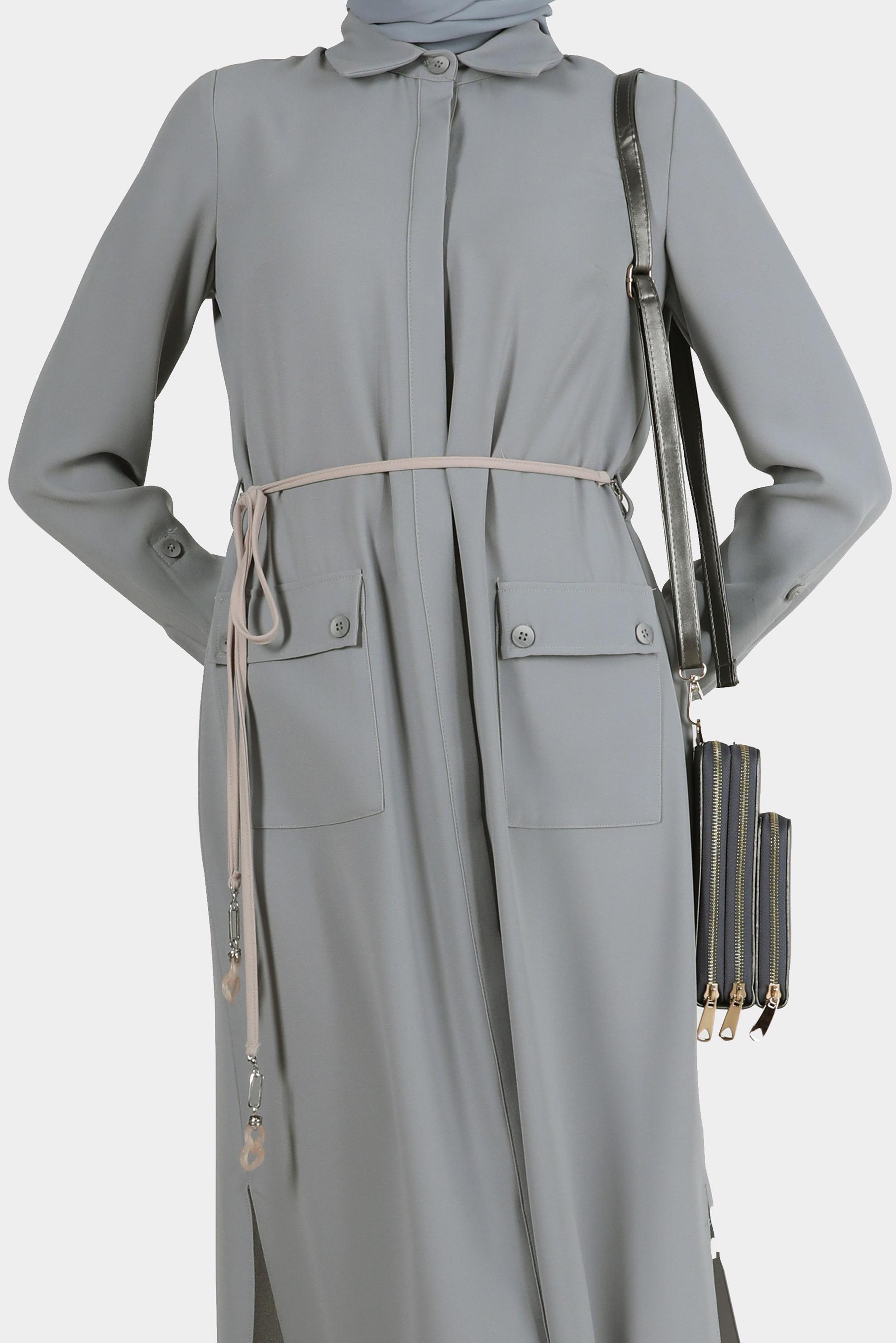 Tesettür giyim GRİ YANI YIRTMAÇLI CEPLİ TUNİK 42577