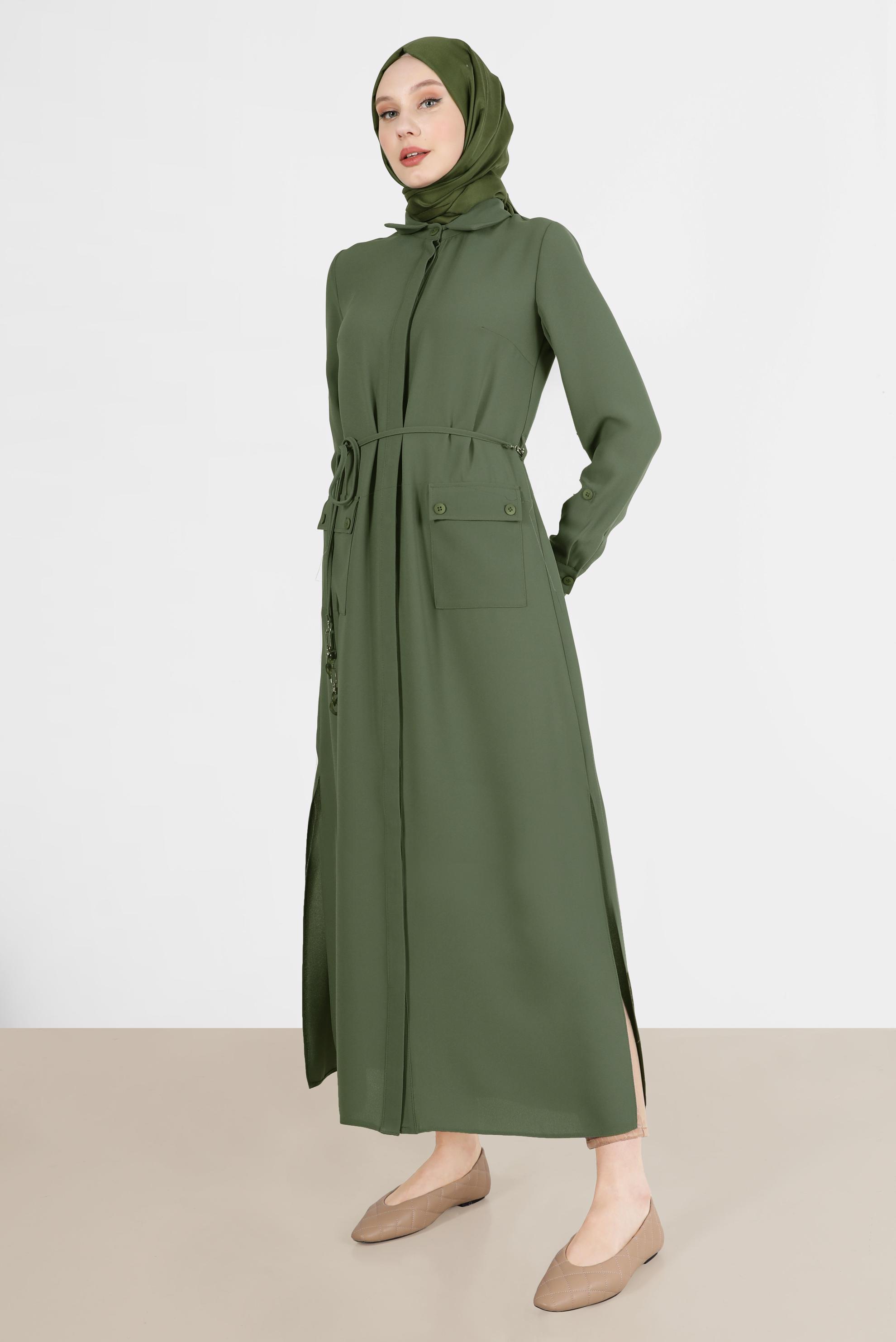 Tesettür giyim HAKİ YANI YIRTMAÇLI CEPLİ TUNİK 42577