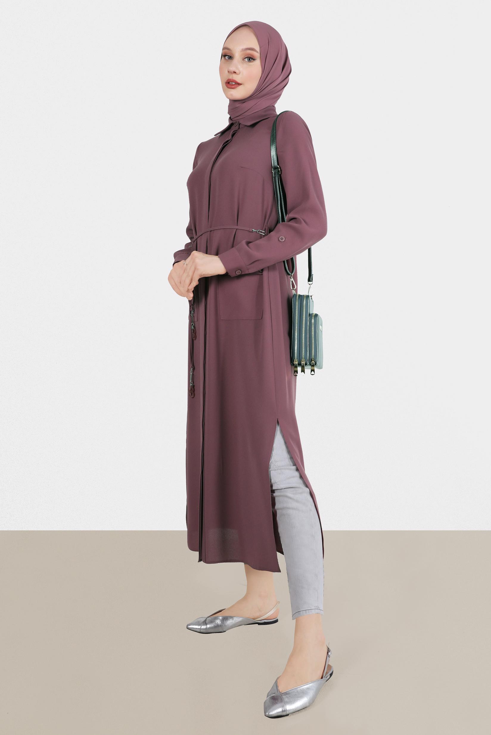 Tesettür giyim PEMBE YANI YIRTMAÇLI CEPLİ TUNİK 42577