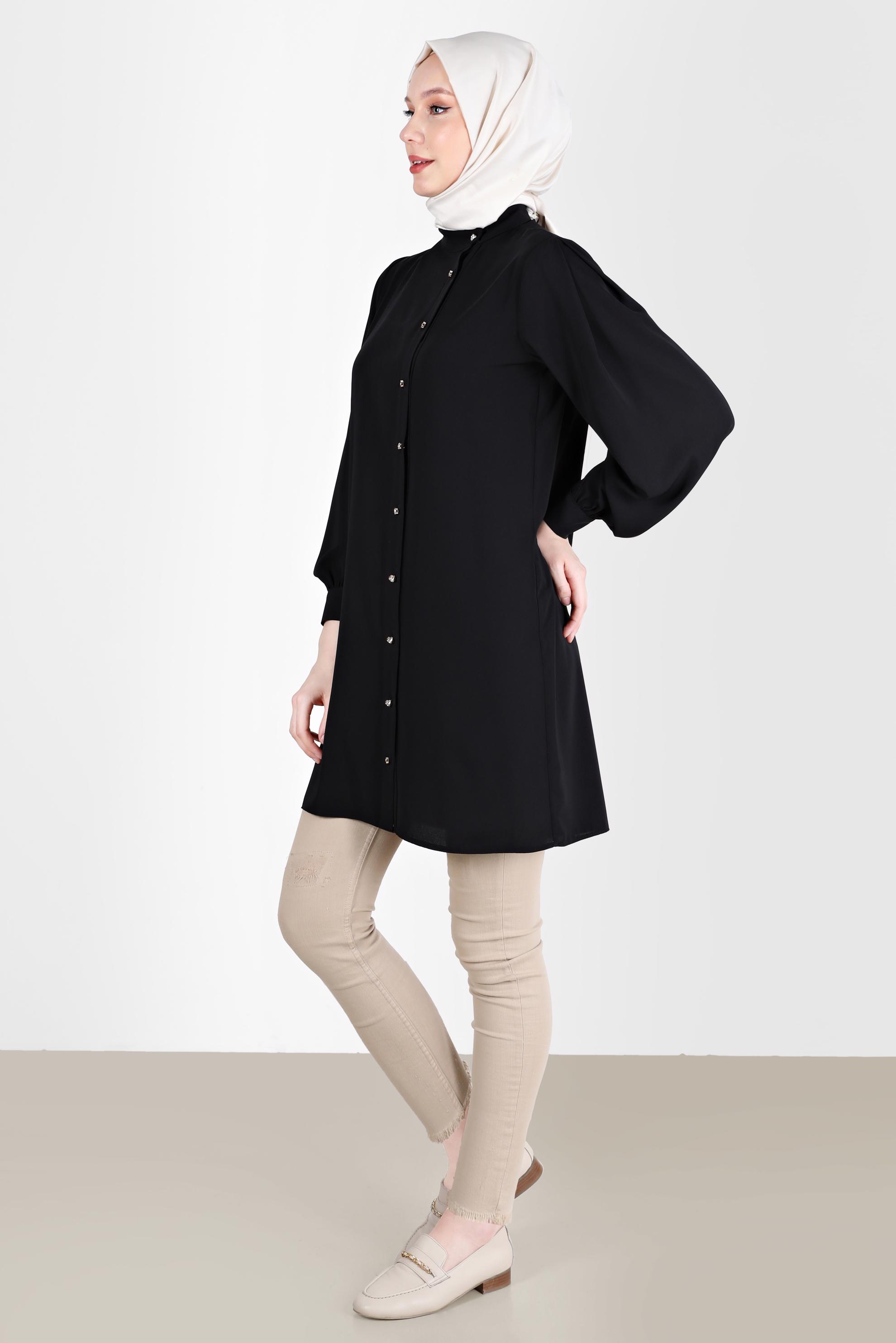 Tesettür giyim SİYAH TAŞLI DÜĞME DETAYLI TUNİK 42578 