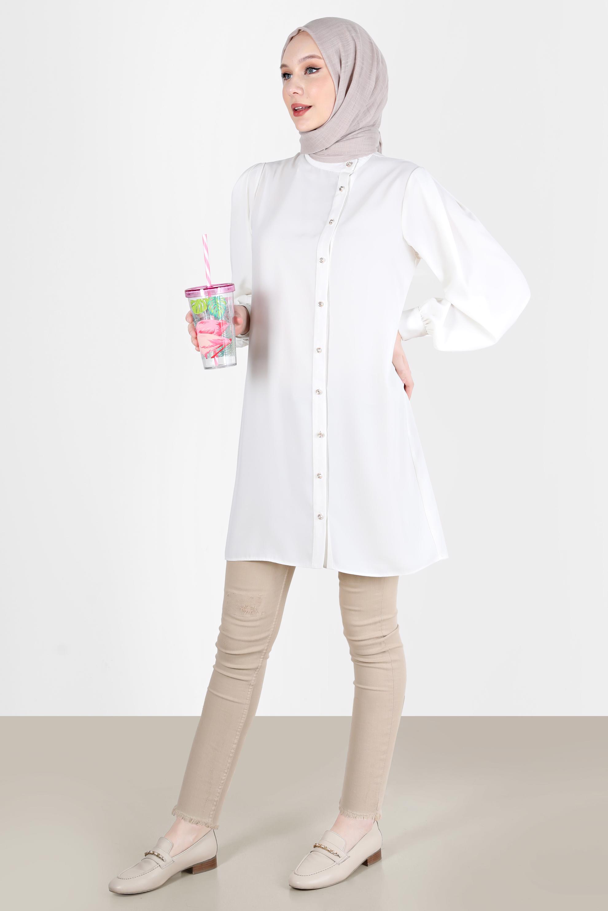 Tesettür giyim BEYAZ TAŞLI DÜĞME DETAYLI TUNİK 42578 