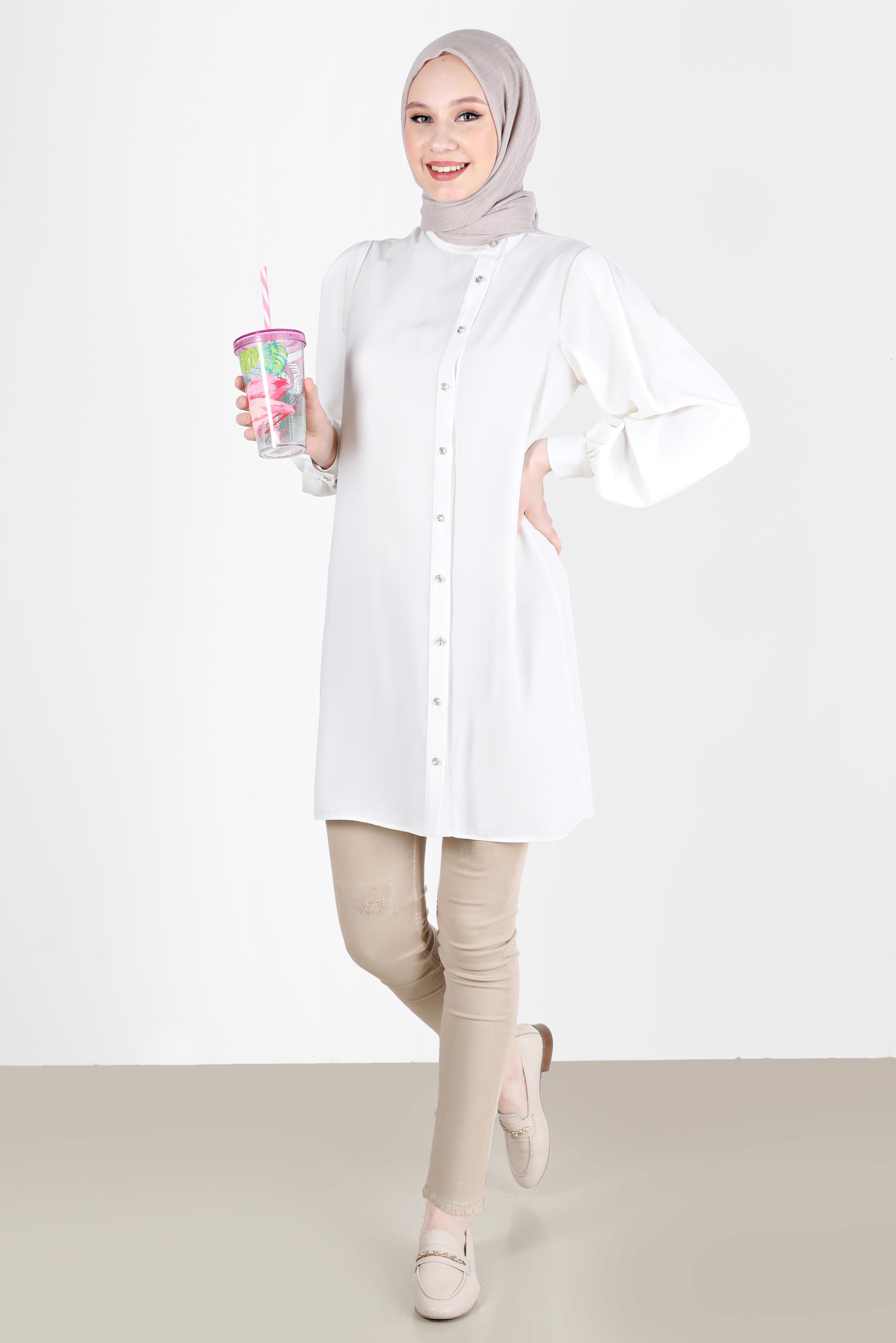 Tesettür giyim BEYAZ TAŞLI DÜĞME DETAYLI TUNİK 42578 