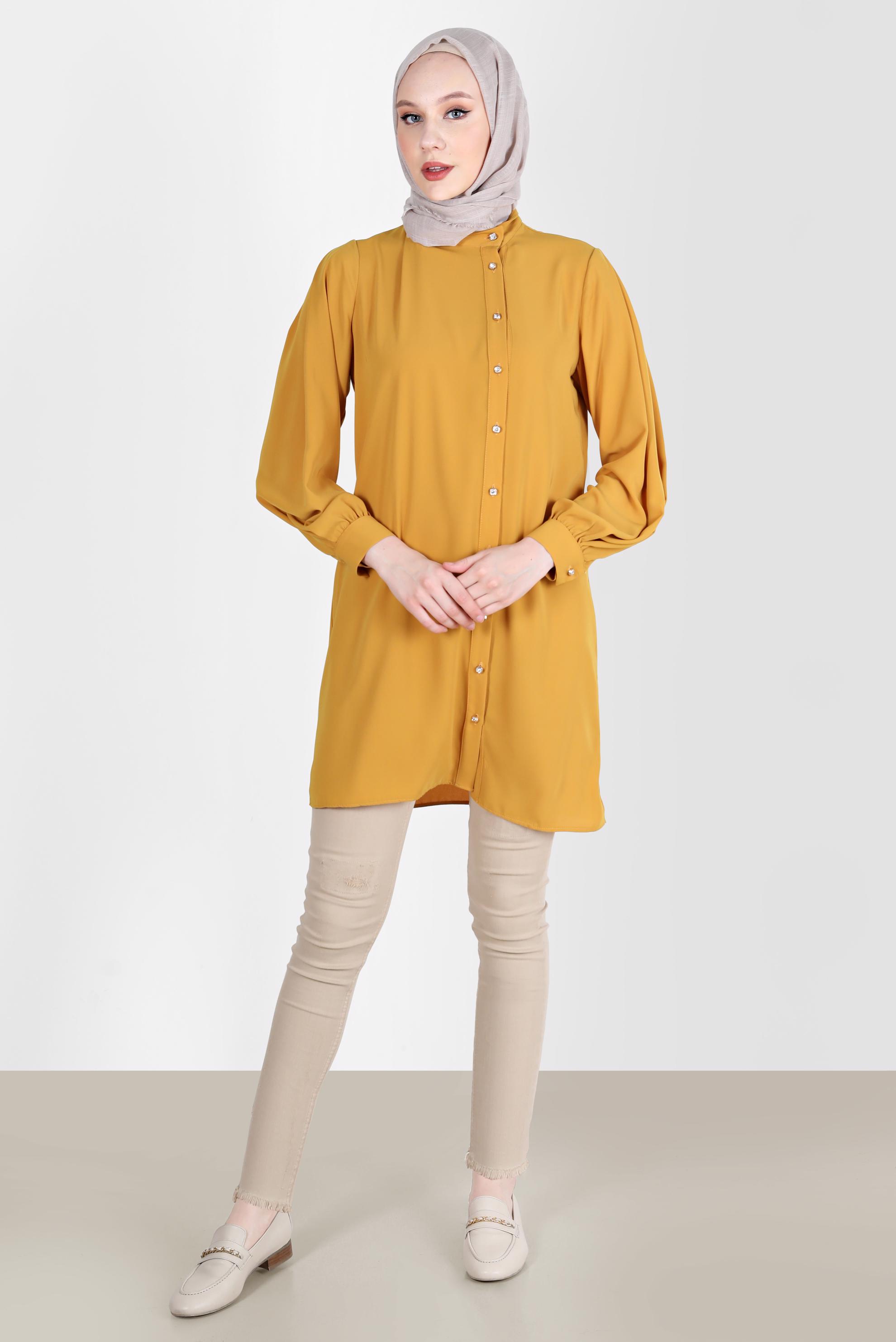 Tesettür giyim SARI TAŞLI DÜĞME DETAYLI TUNİK 42578 