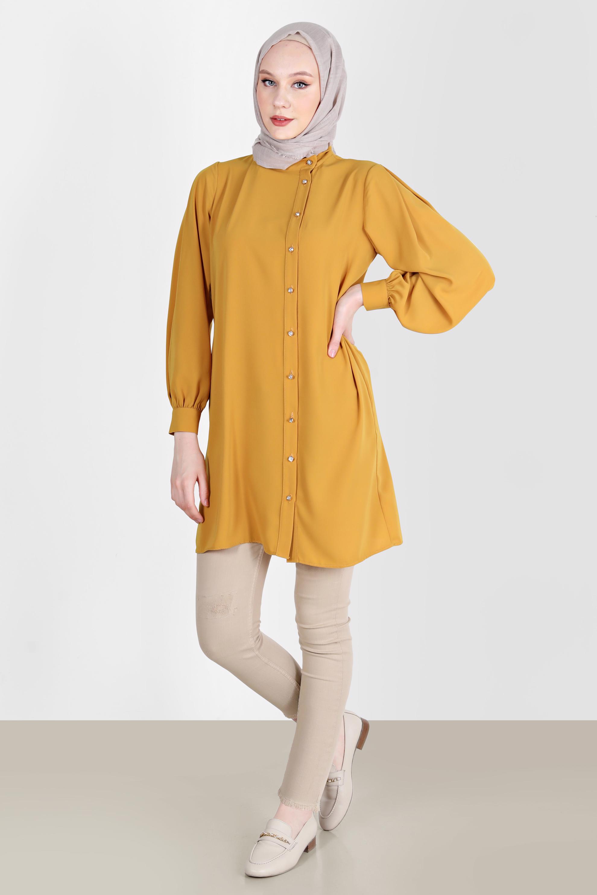 Tesettür giyim SARI TAŞLI DÜĞME DETAYLI TUNİK 42578 