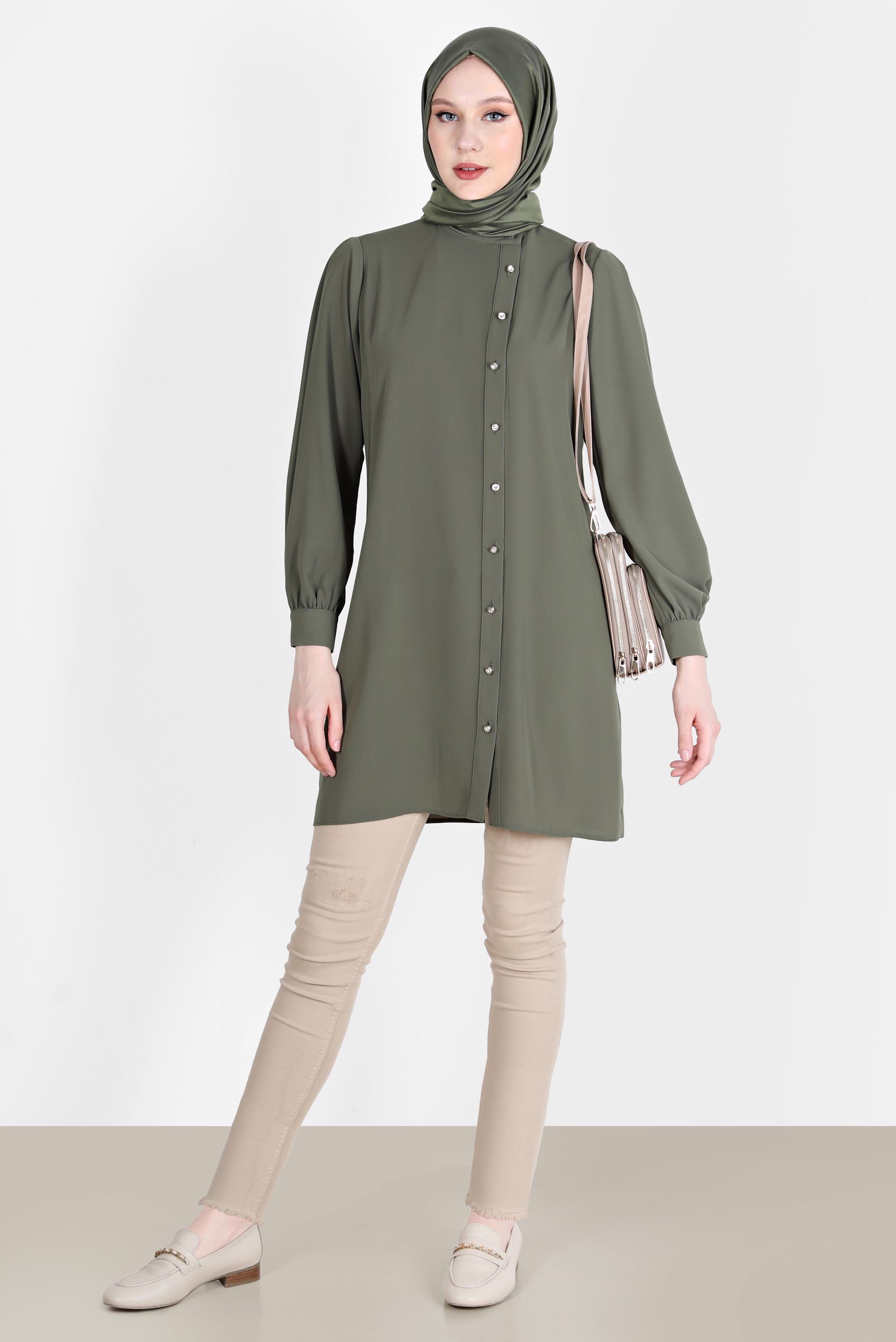 Tesettür giyim HAKİ TAŞLI DÜĞME DETAYLI TUNİK 42578 
