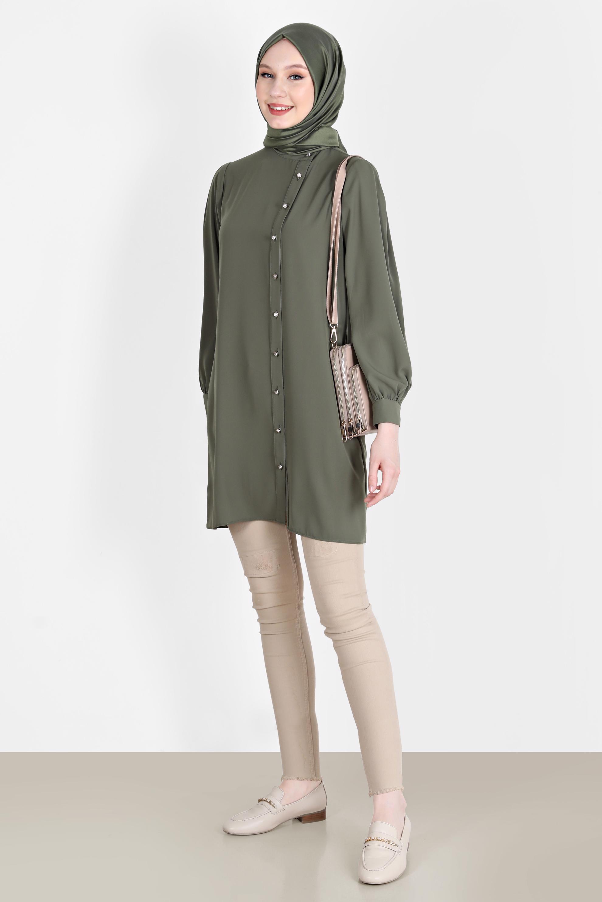 Tesettür giyim HAKİ TAŞLI DÜĞME DETAYLI TUNİK 42578 