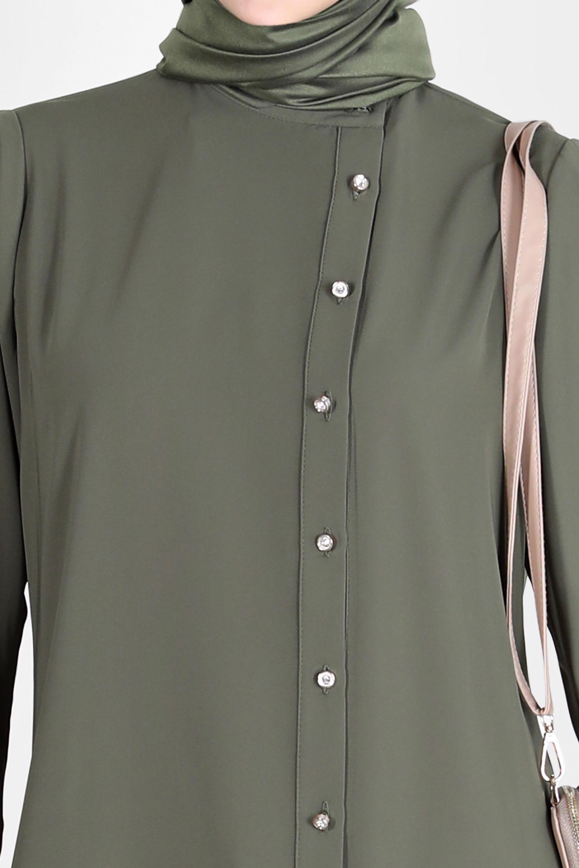 Tesettür giyim HAKİ TAŞLI DÜĞME DETAYLI TUNİK 42578 