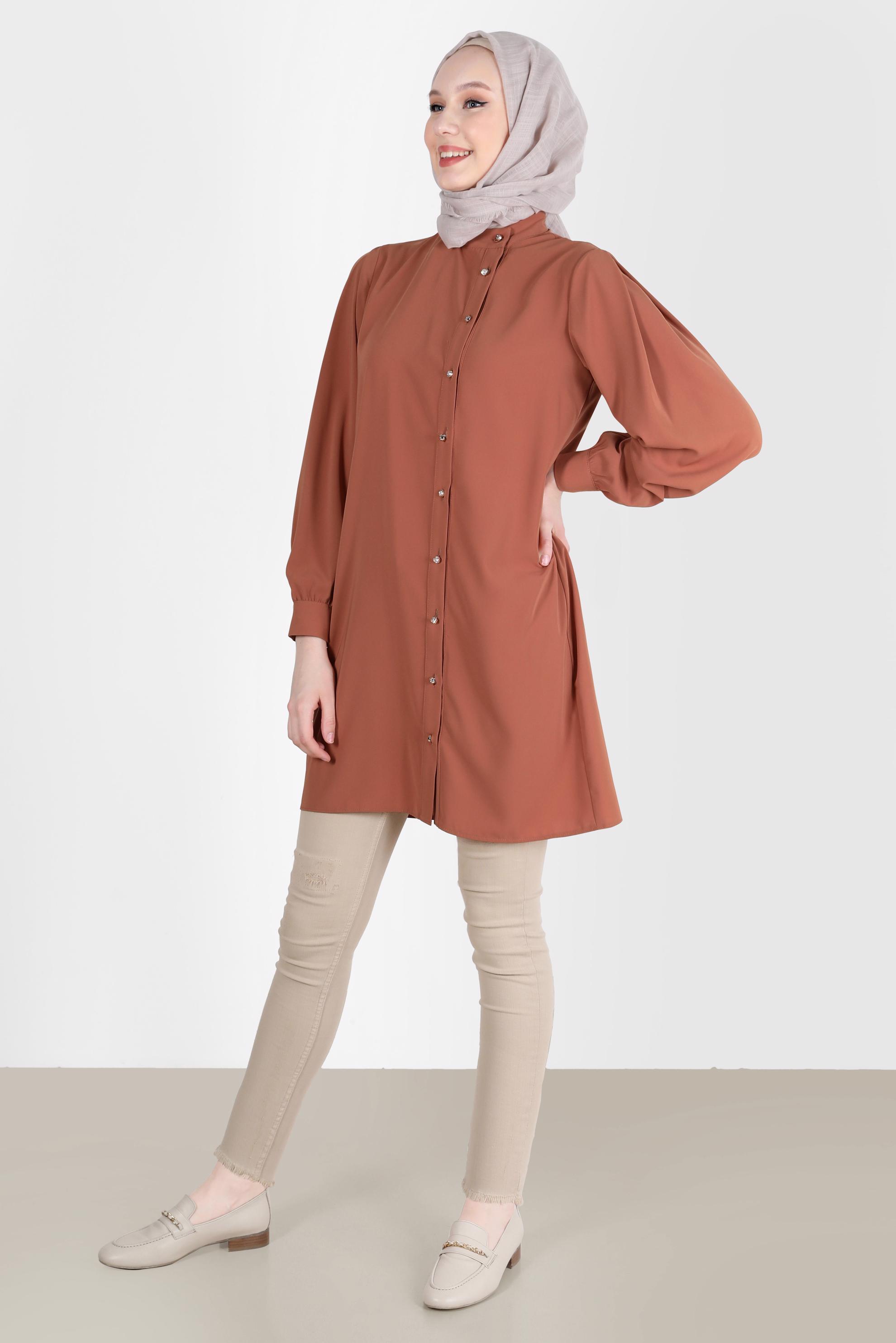 Tesettür giyim TURUNCU TAŞLI DÜĞME DETAYLI TUNİK 42578 