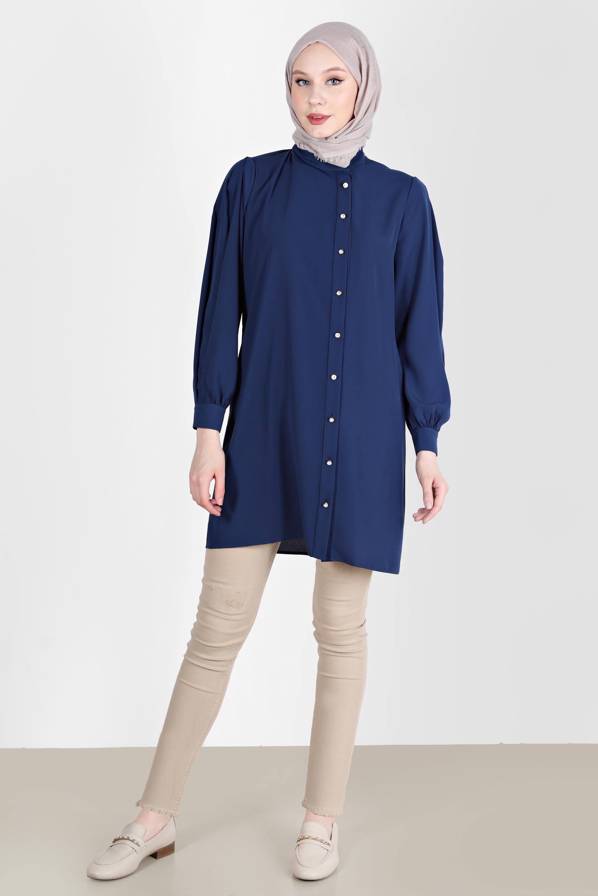 Tesettür giyim LACİVERT TAŞLI DÜĞME DETAYLI TUNİK 42578 