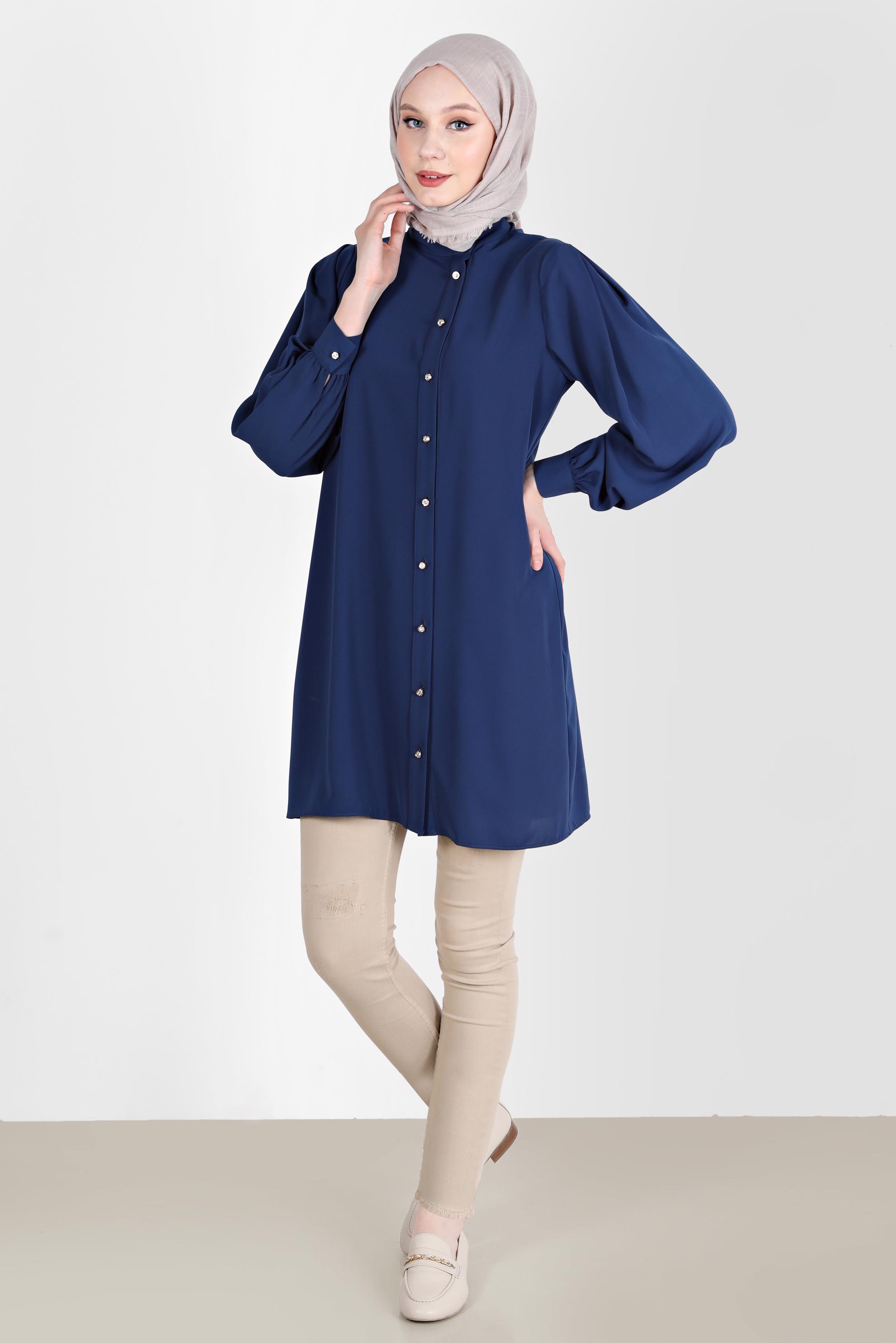 Tesettür giyim LACİVERT TAŞLI DÜĞME DETAYLI TUNİK 42578 
