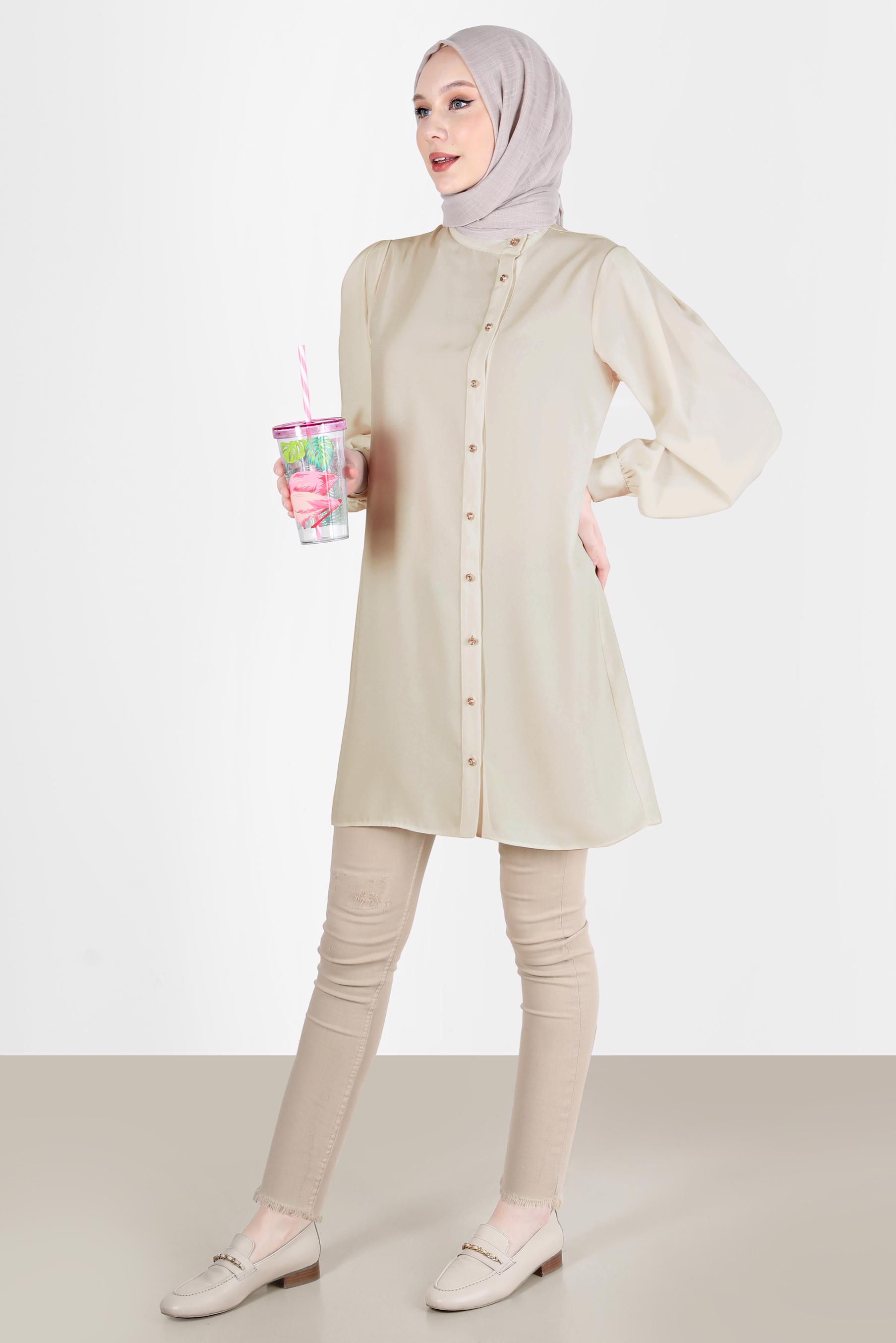 Tesettür giyim EKRU TAŞLI DÜĞME DETAYLI TUNİK 42578 