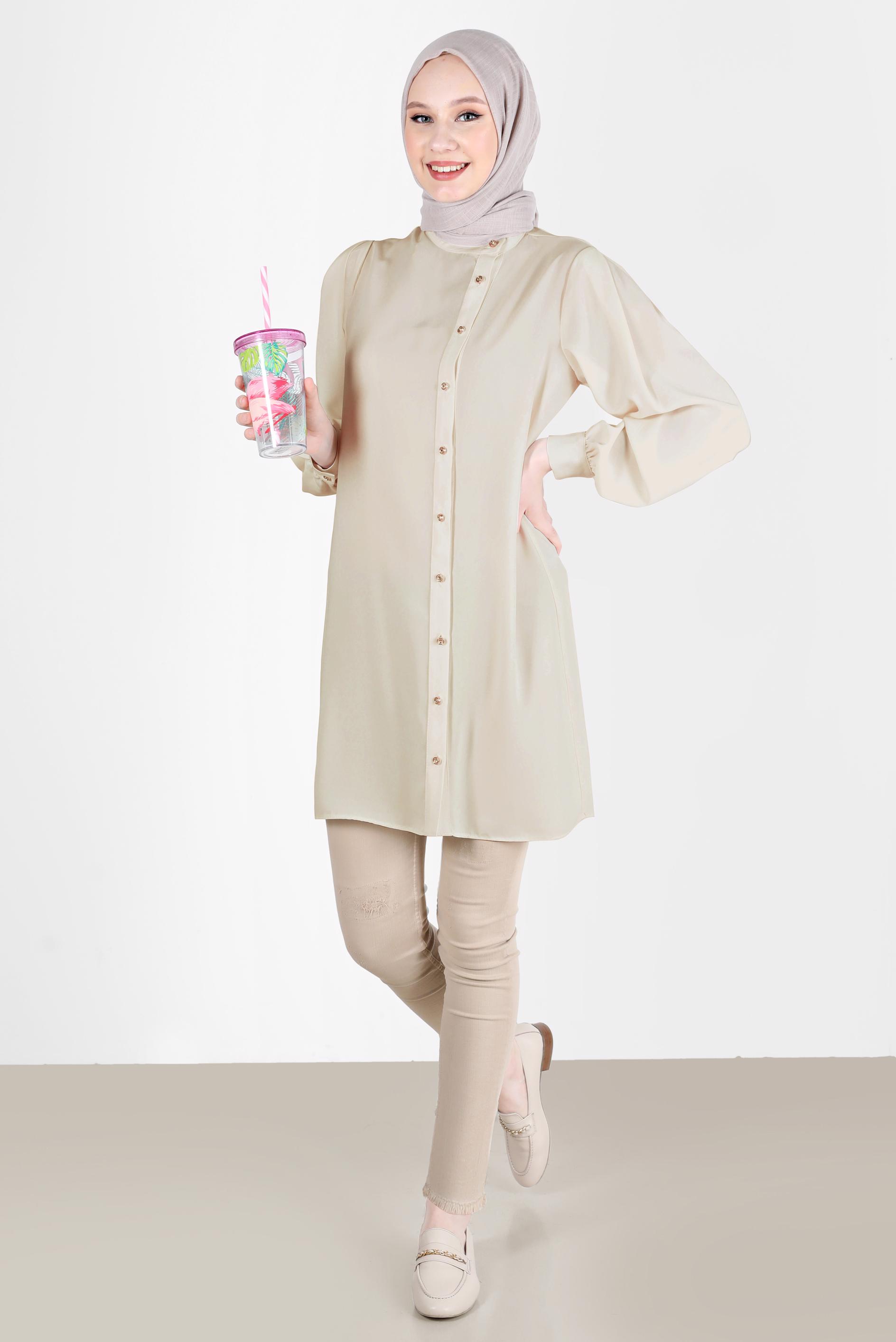 Tesettür giyim EKRU TAŞLI DÜĞME DETAYLI TUNİK 42578 