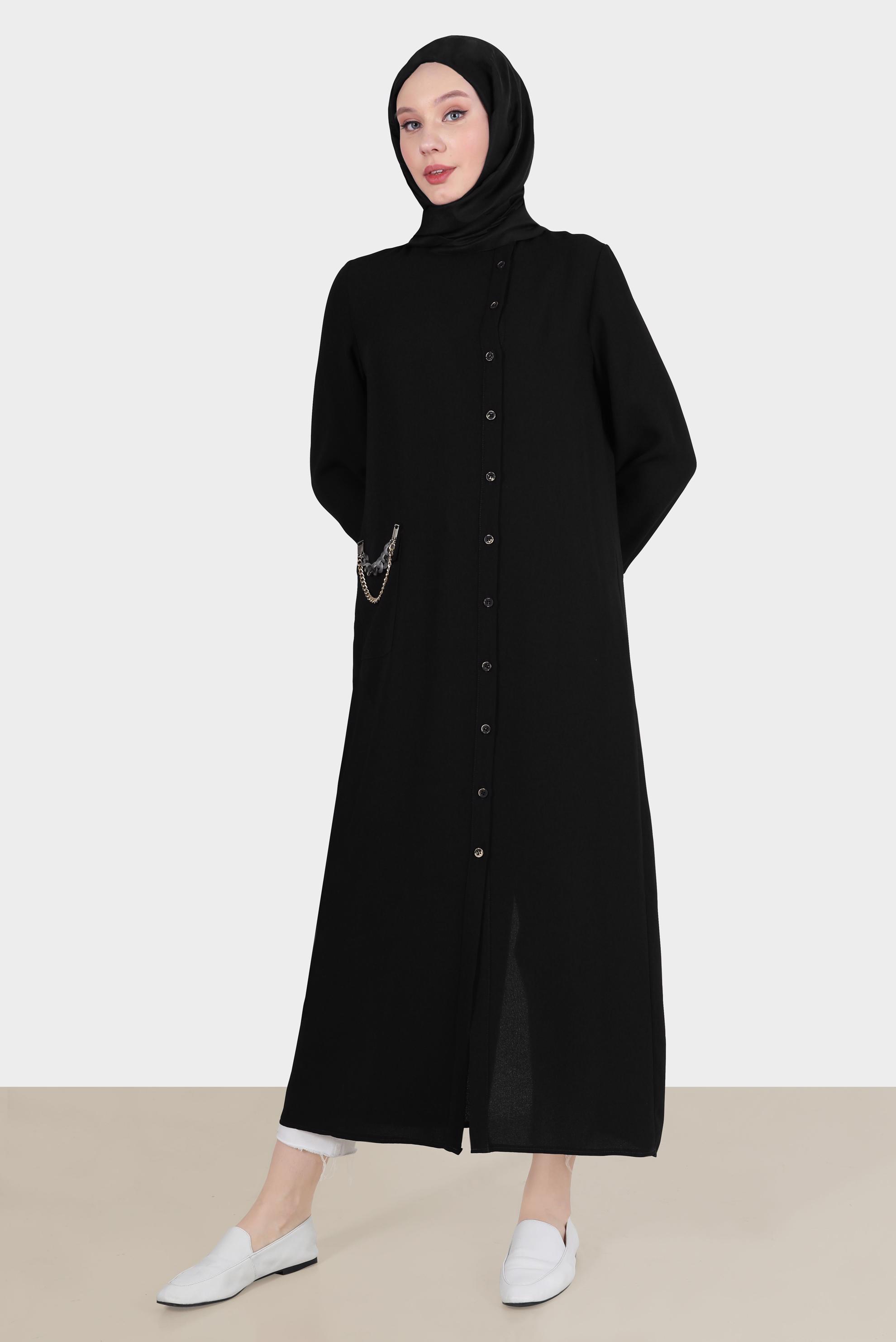 Tesettür giyim SİYAH ZİNCİR DETAYLI KREP TUNİK 42579 