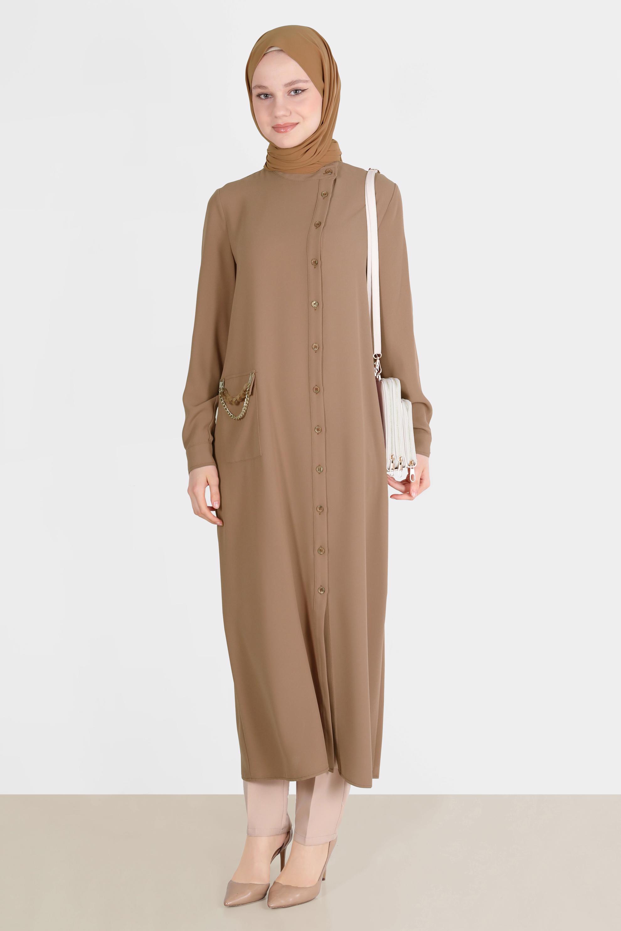 Tesettür giyim BEJ ZİNCİR DETAYLI KREP TUNİK 42579 