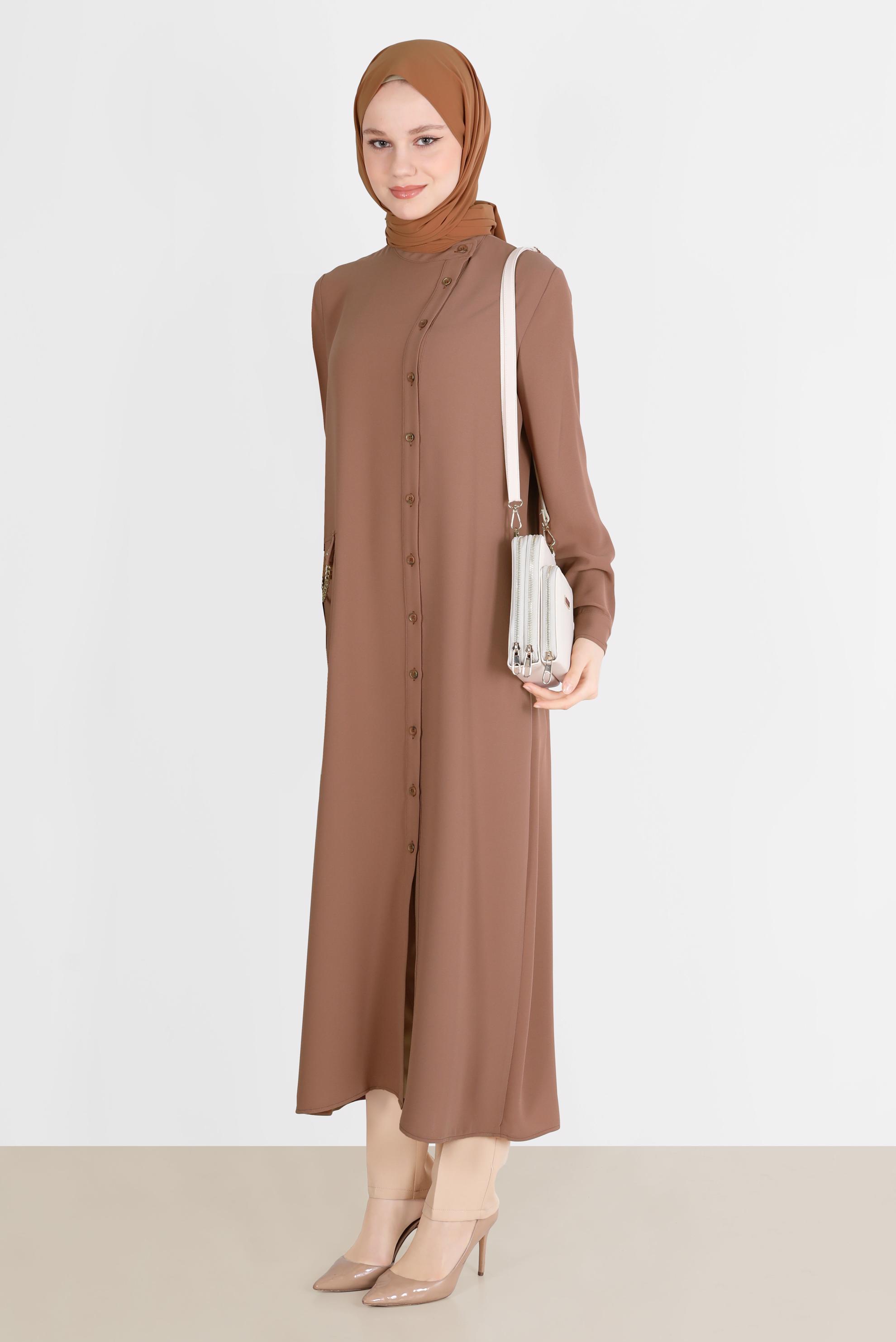 Tesettür giyim KAHVE ZİNCİR DETAYLI KREP TUNİK 42579 