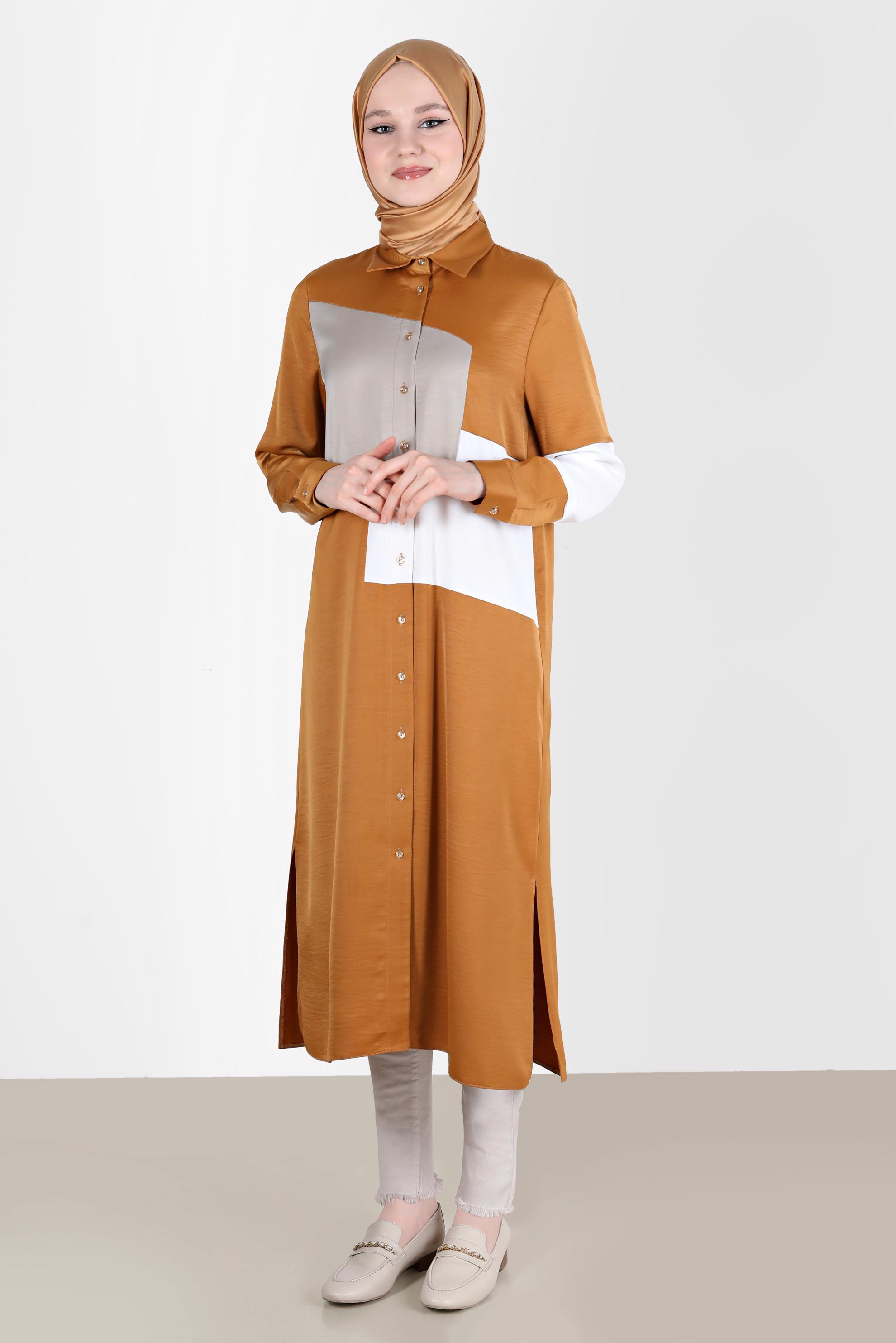 Tesettür giyim SARI BOYDAN DÜĞMELİ GEOMETRİK ŞEKİLLİ TUNİK 42581 