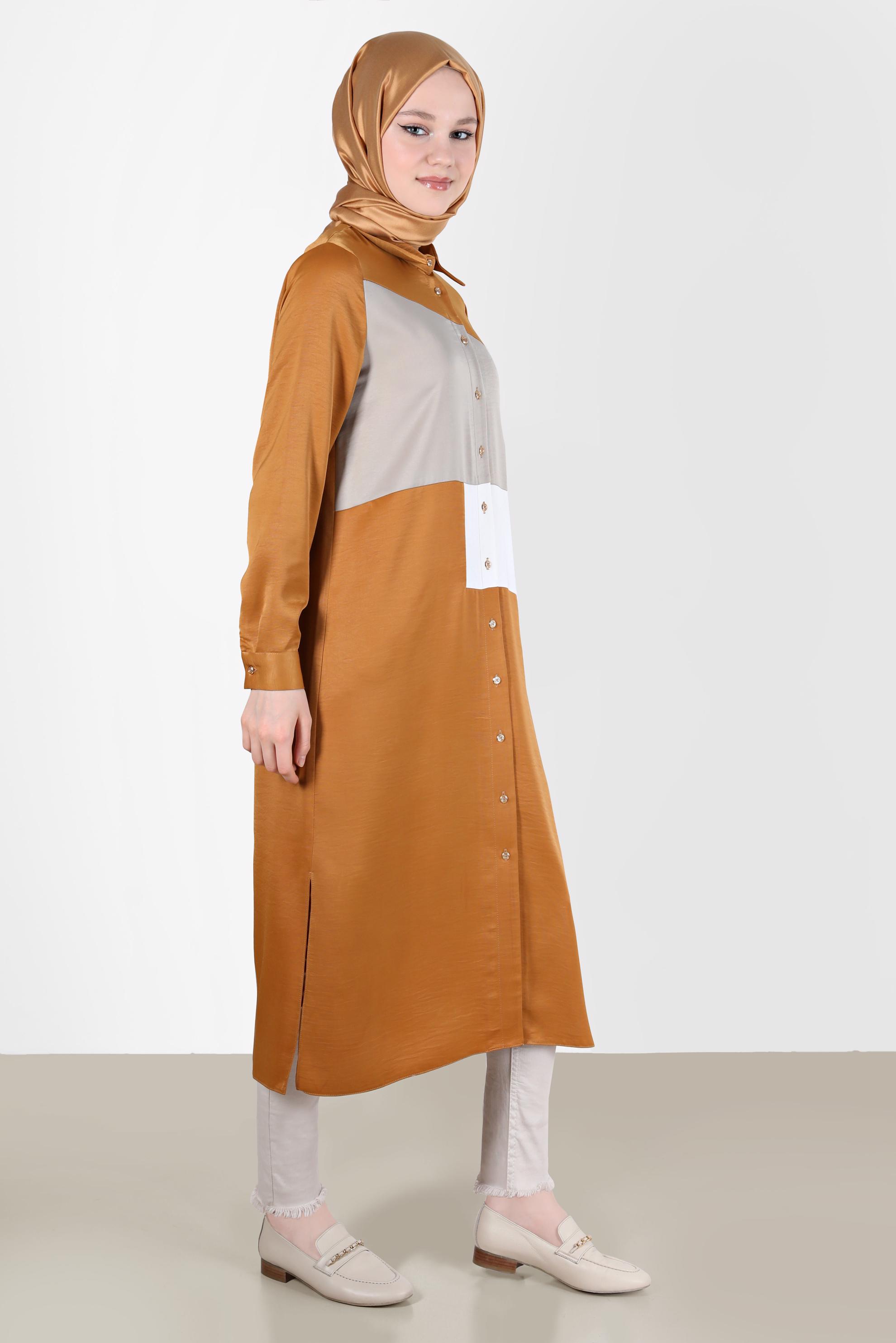 Tesettür giyim SARI BOYDAN DÜĞMELİ GEOMETRİK ŞEKİLLİ TUNİK 42581 