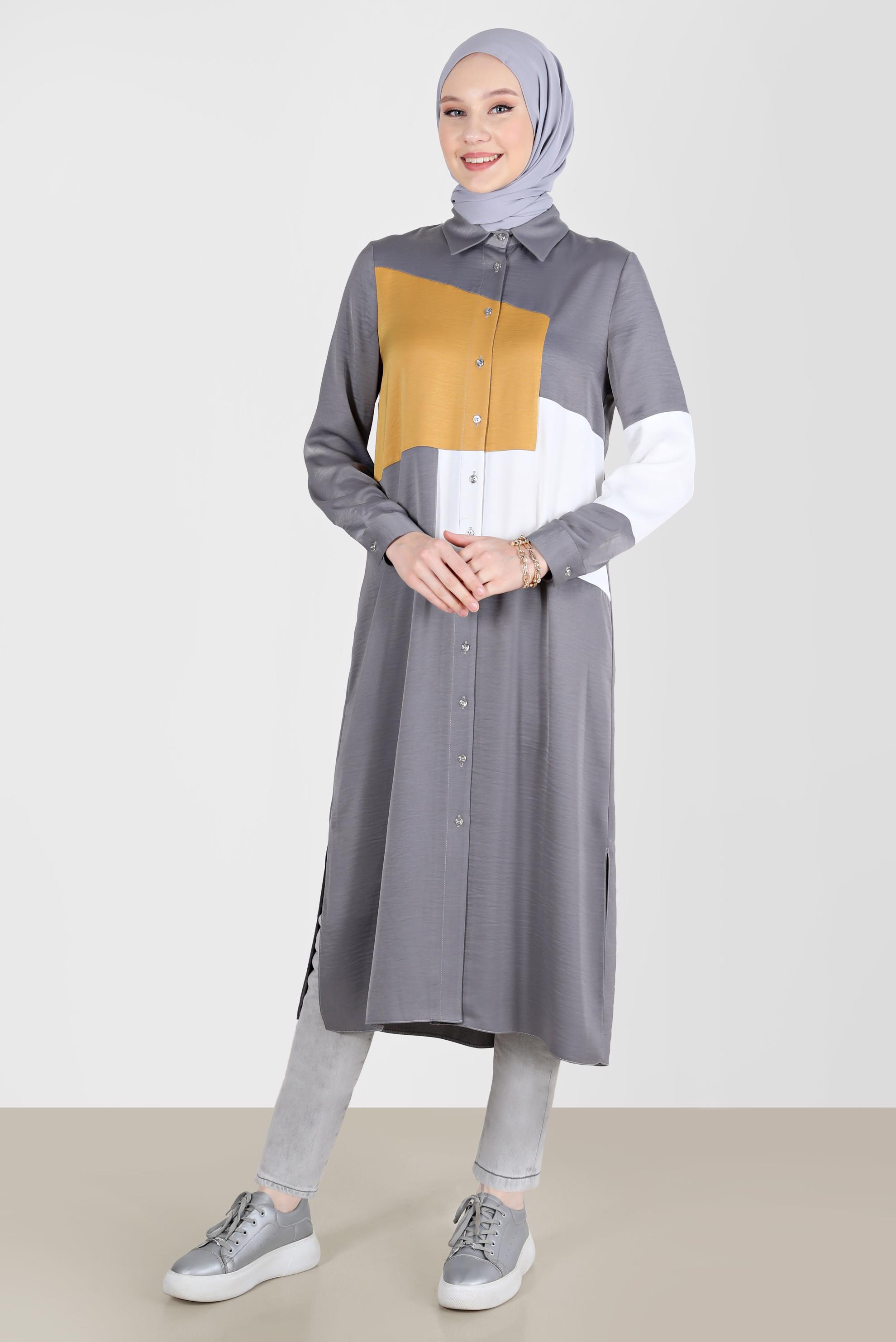 Tesettür giyim GRİ BOYDAN DÜĞMELİ GEOMETRİK ŞEKİLLİ TUNİK 42581 