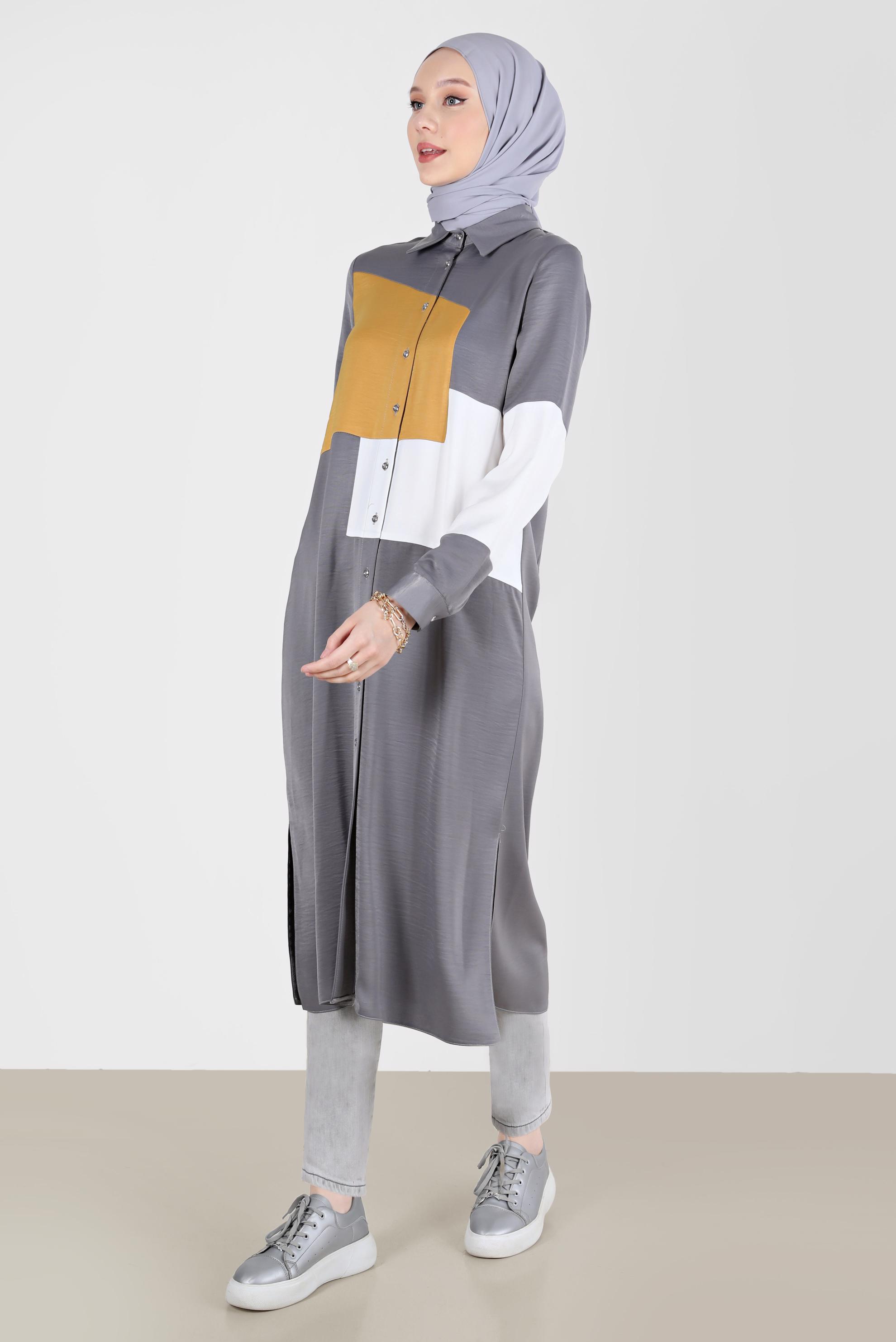 Tesettür giyim GRİ BOYDAN DÜĞMELİ GEOMETRİK ŞEKİLLİ TUNİK 42581 